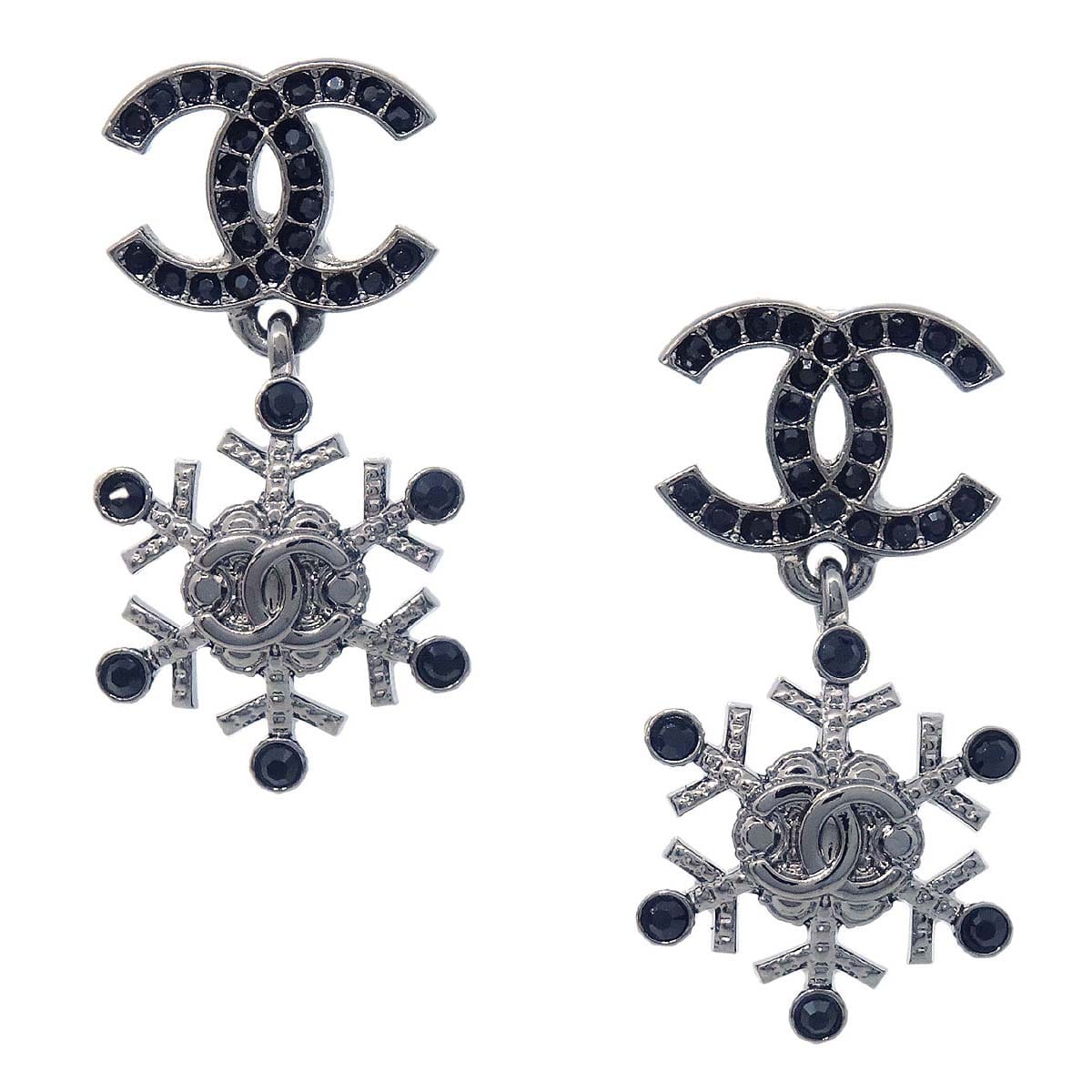 Chanel CC Snowflake Dangle Pierced Earrings Silver Rhinestone A19B
