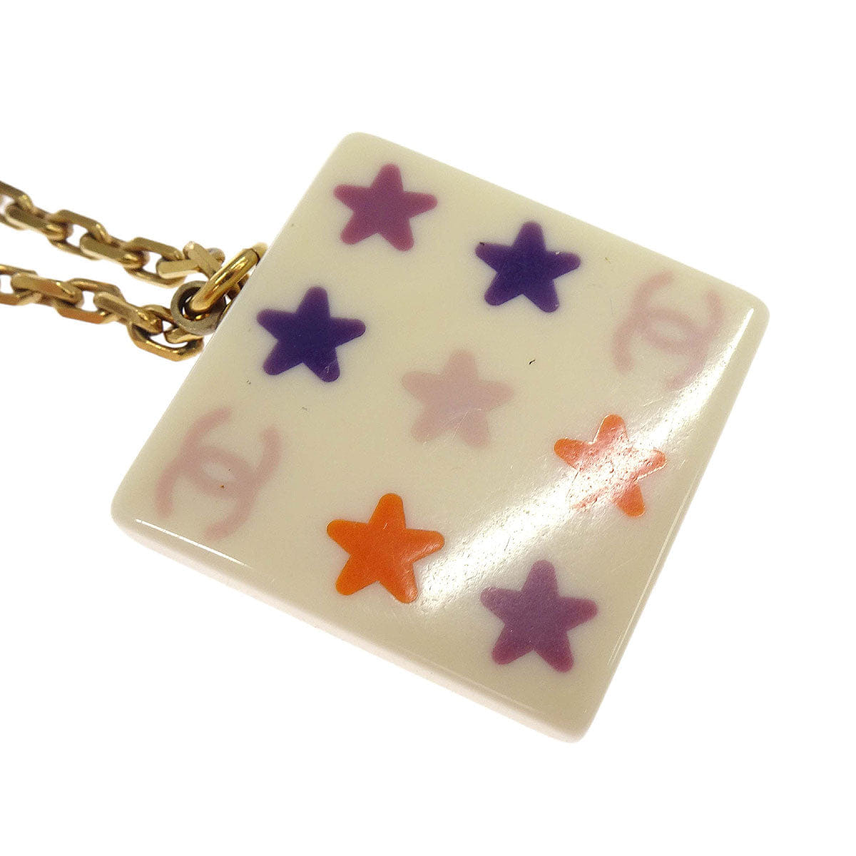 Chanel Gold White Square Chain Pendant Necklace 03A