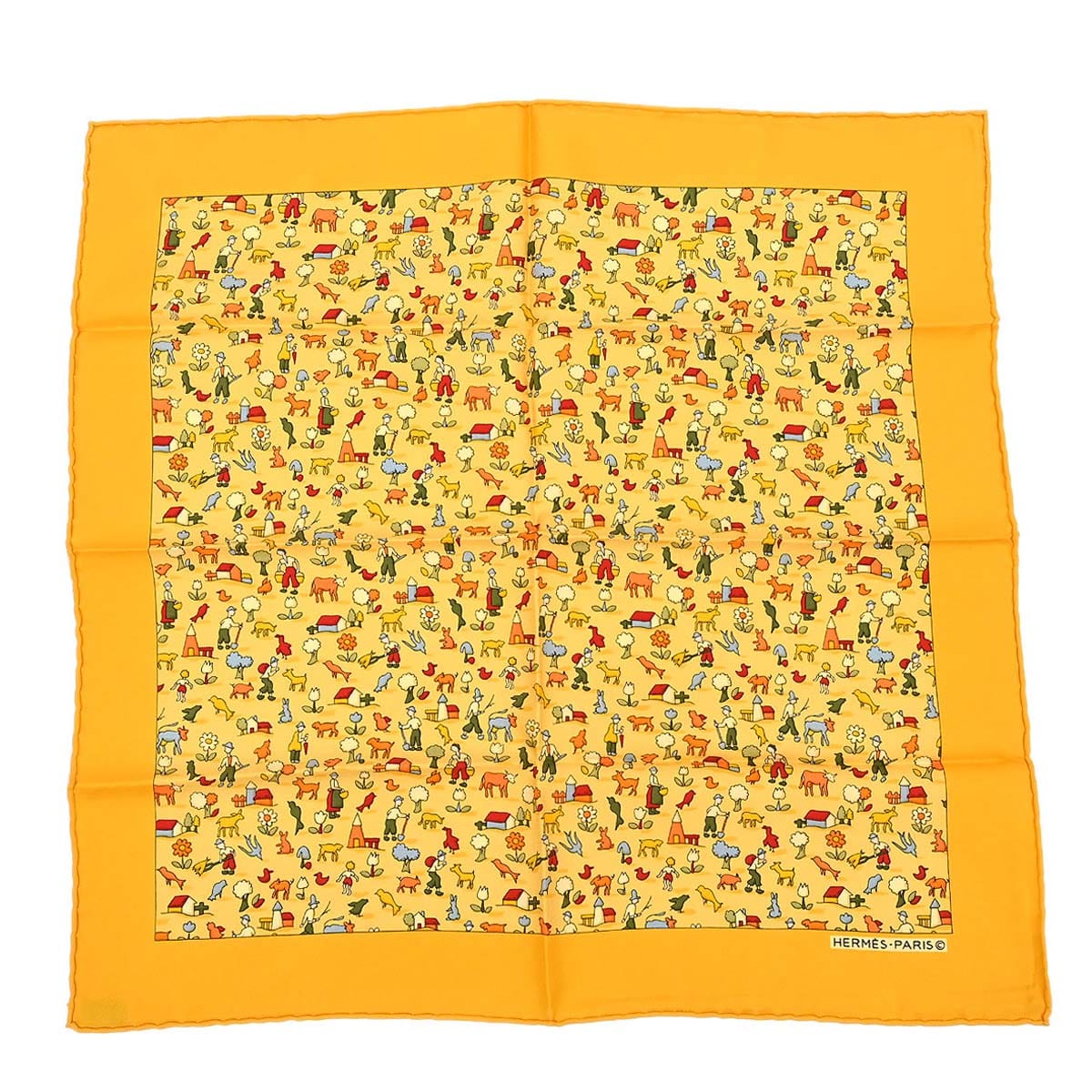 Hermes Scarf Petite Carre Farm Life Yellow Small Good
