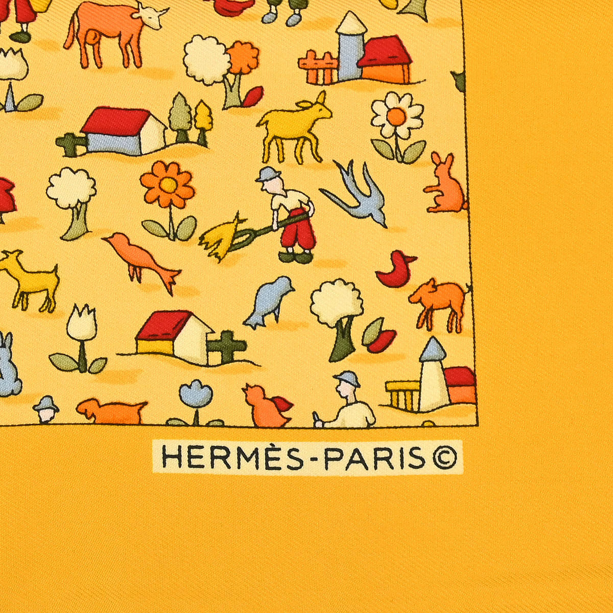 Hermes Scarf Petite Carre Farm Life Yellow Small Good