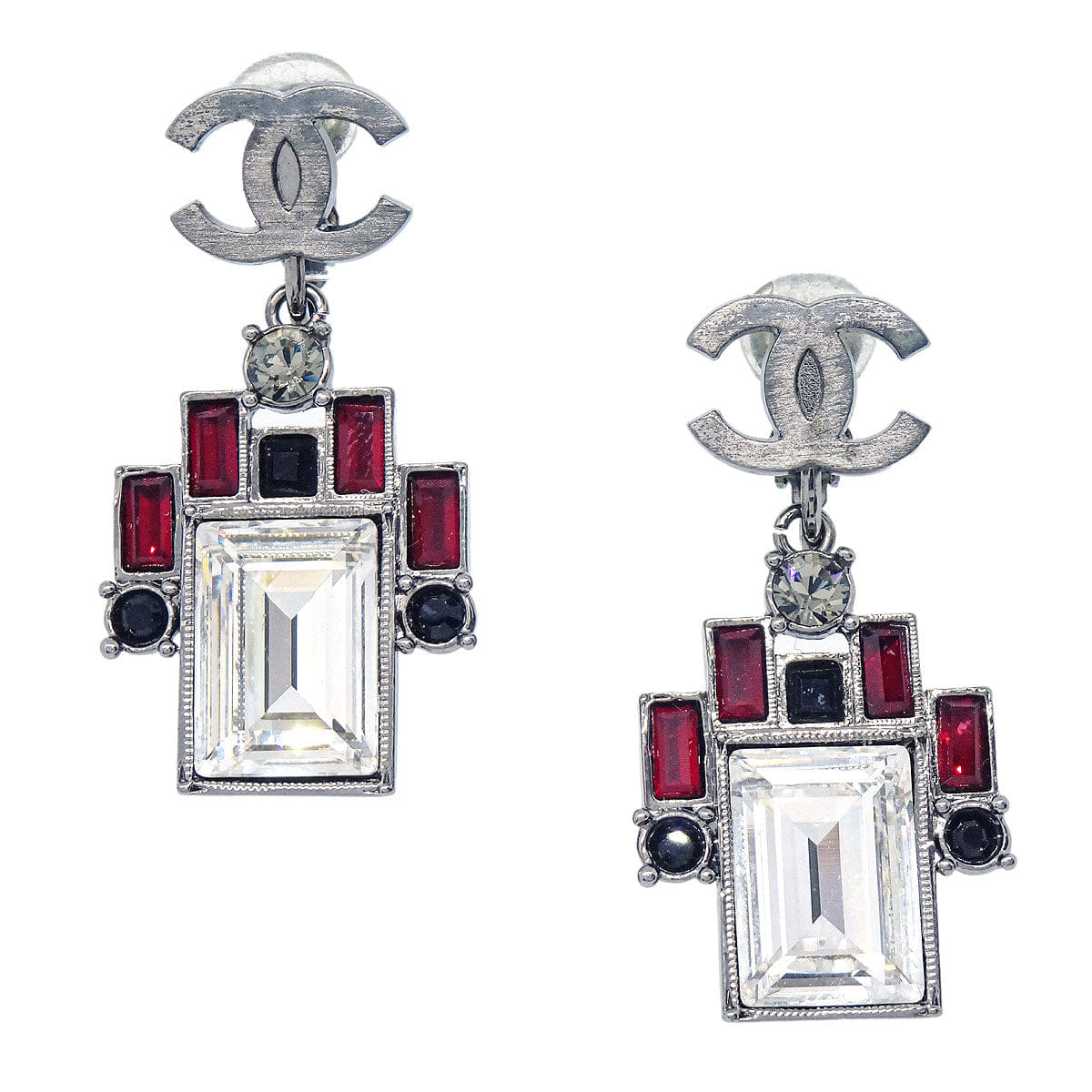 Chanel CC Clip-On Earrings Dangle Silver Rhinestone 05P