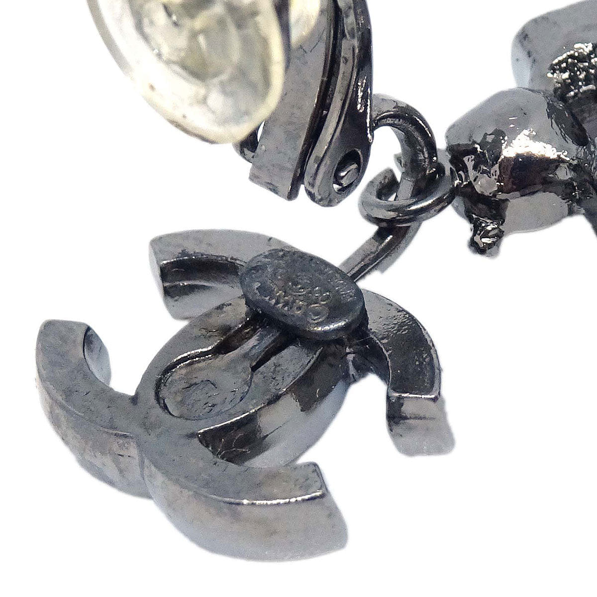 Chanel CC Clip-On Earrings Dangle Silver Rhinestone 05P