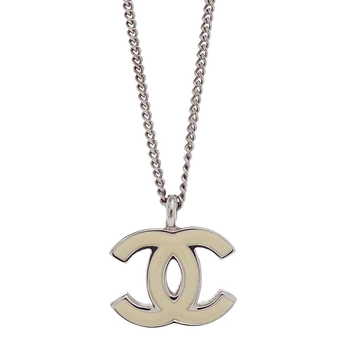 Chanel CC Chain Necklace Silver White 02C