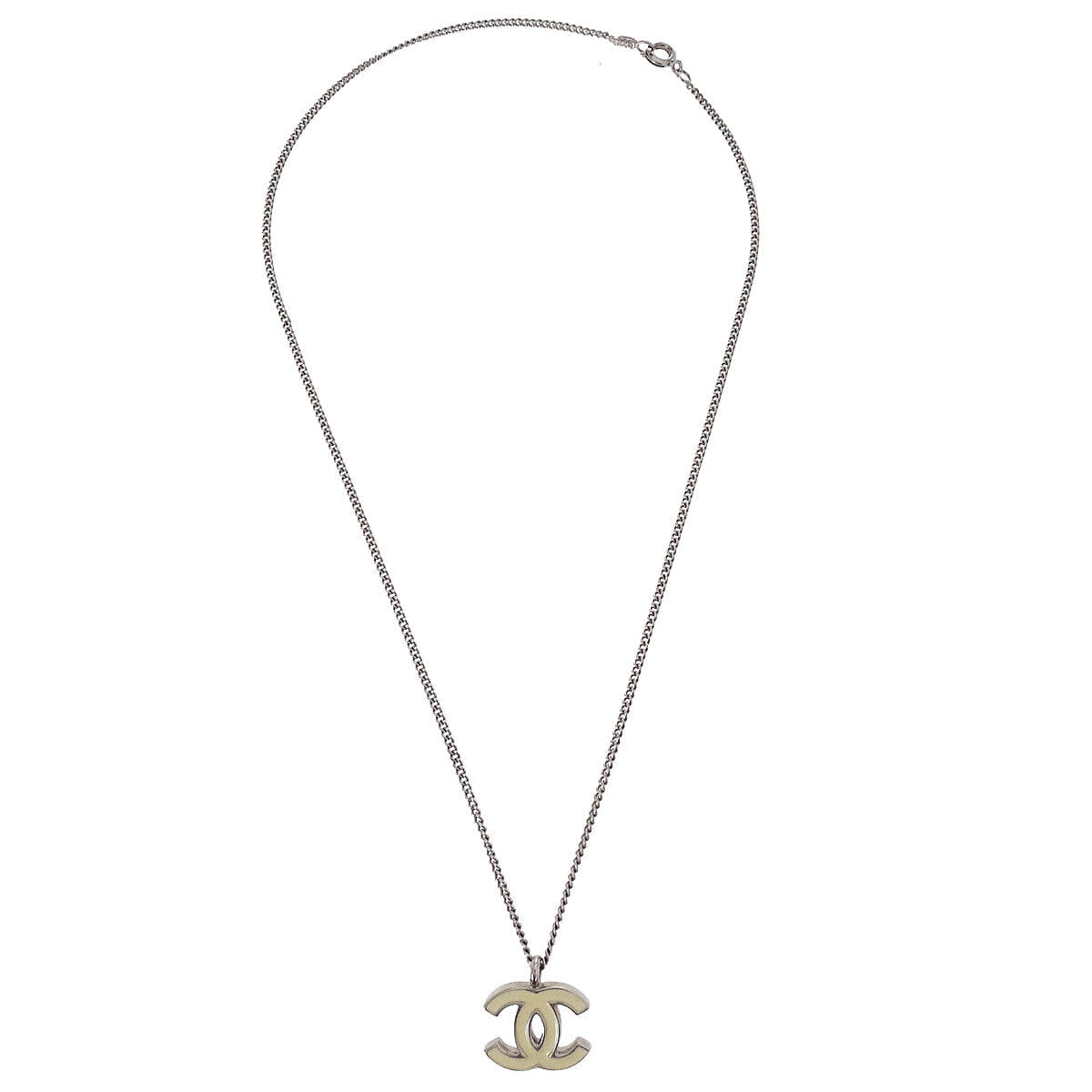 Chanel CC Chain Necklace Silver White 02C