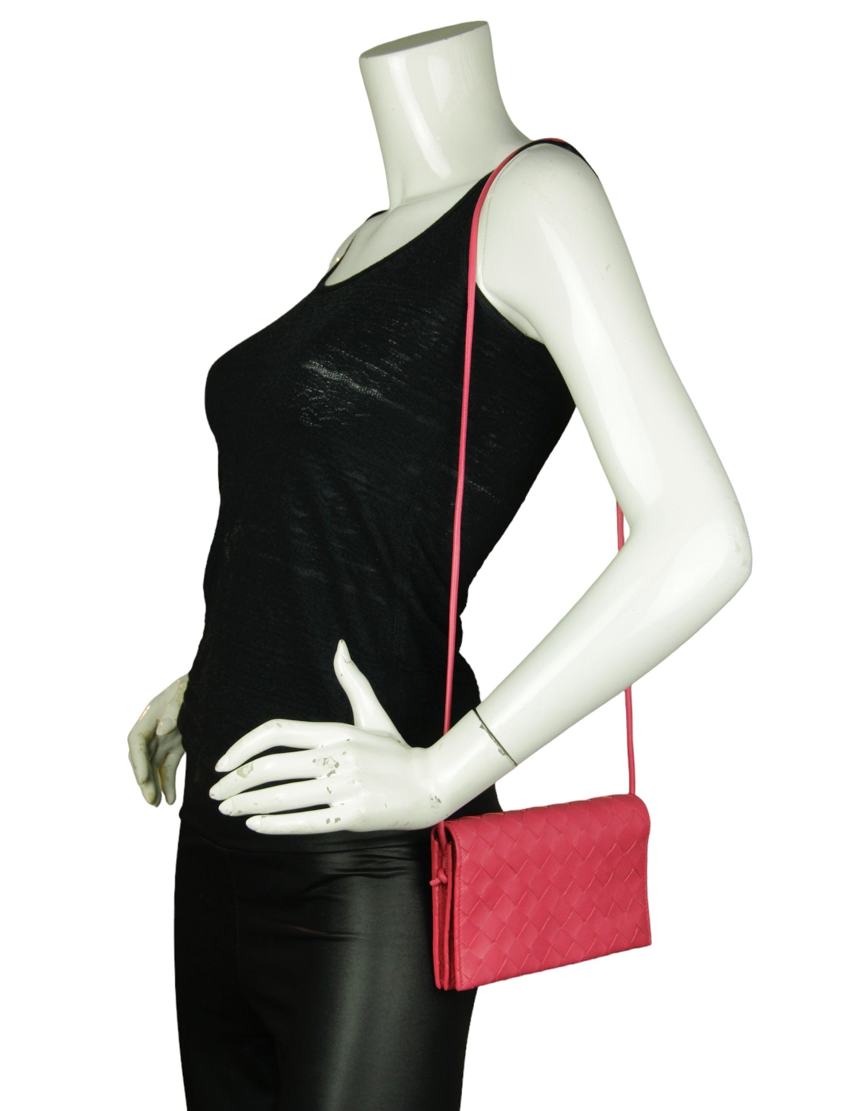 ASC Resale Bottega Veneta Pink Intrecciato Woven Leather Wallet on Strap