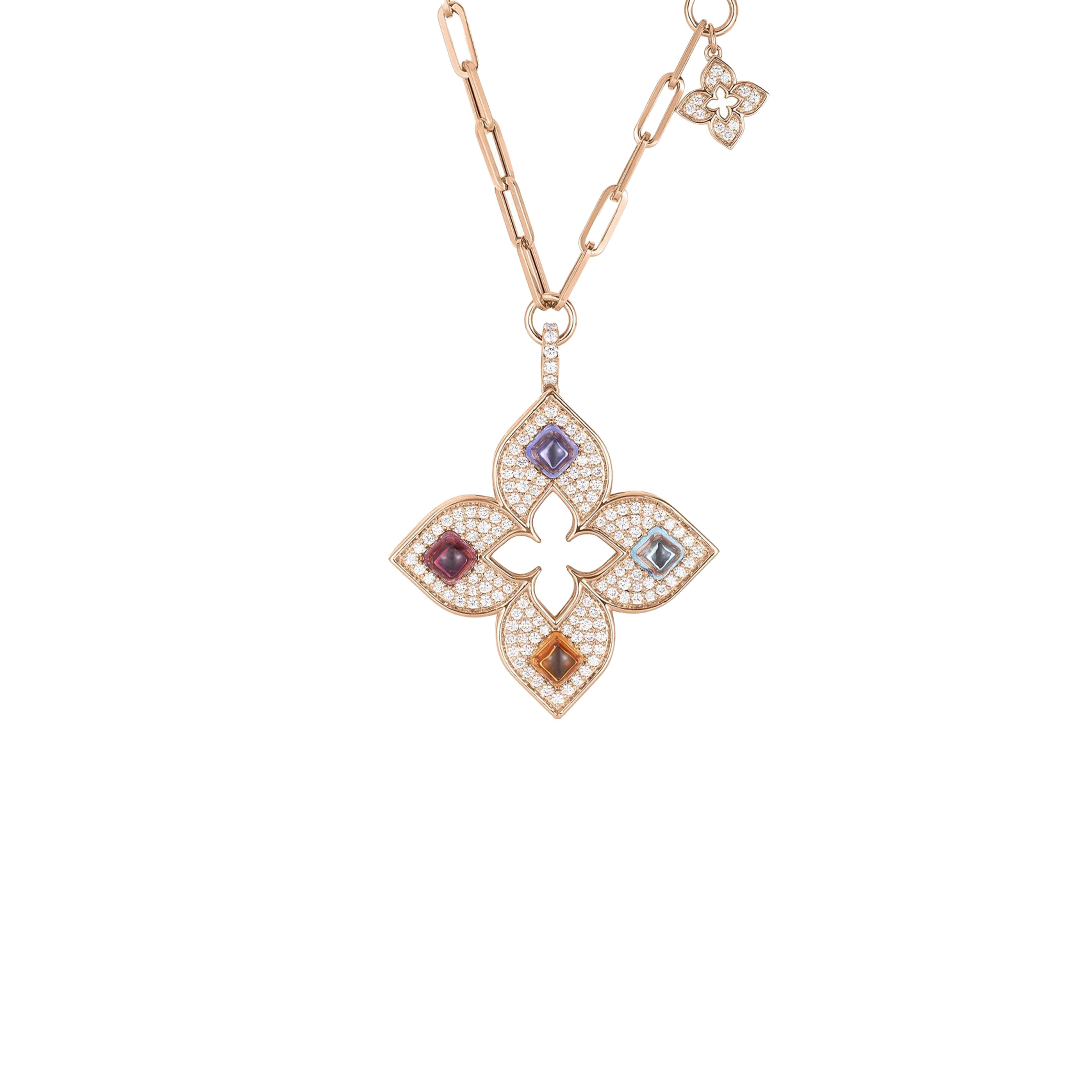 Roberto Coin 18k Rose Gold Venetian Princess Carnival Diamond and Mixed Stones Open Flower Necklace