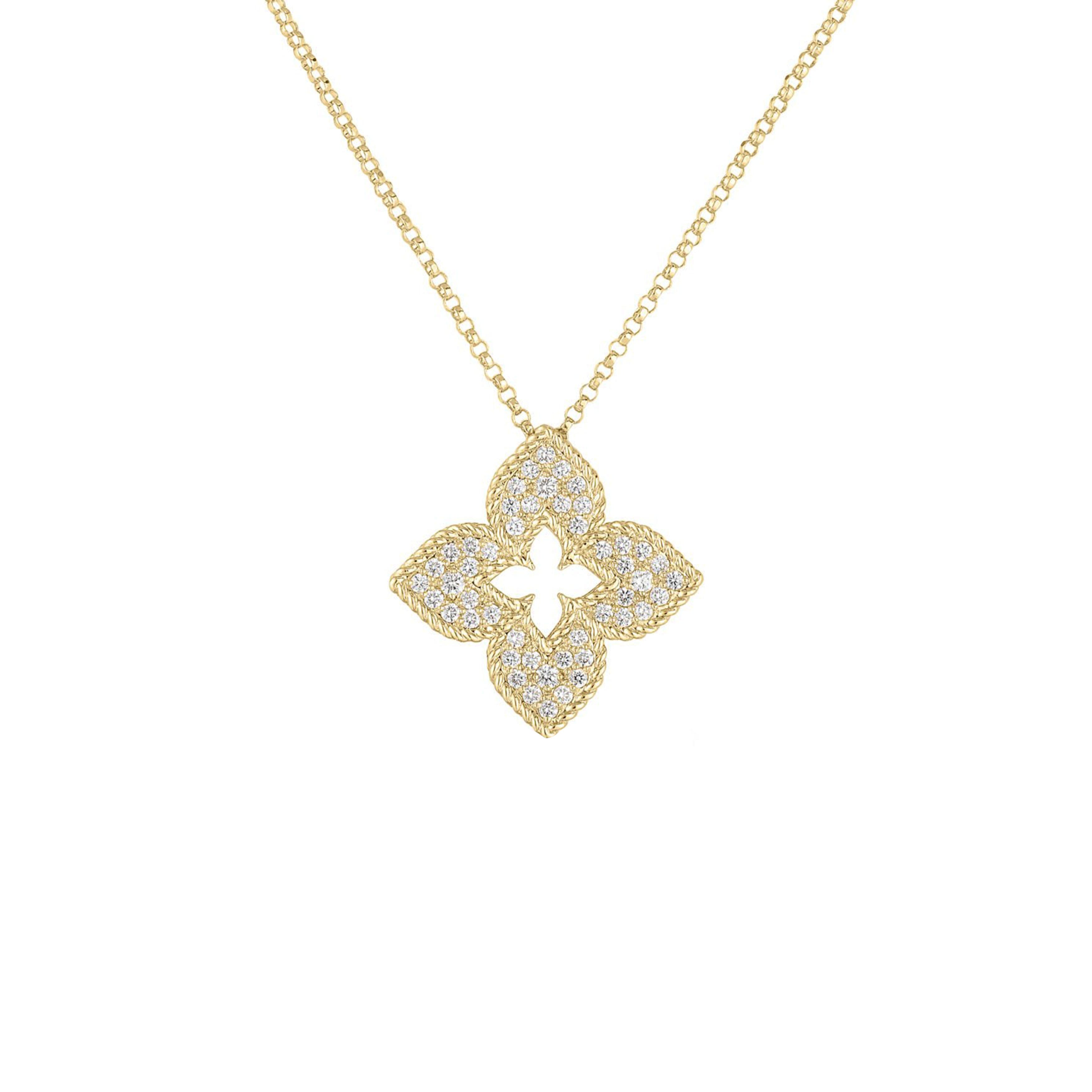 Roberto Coin Venetian Princess 18K Yellow Gold 0.30CT Pavé Diamond Medium Flower Necklace