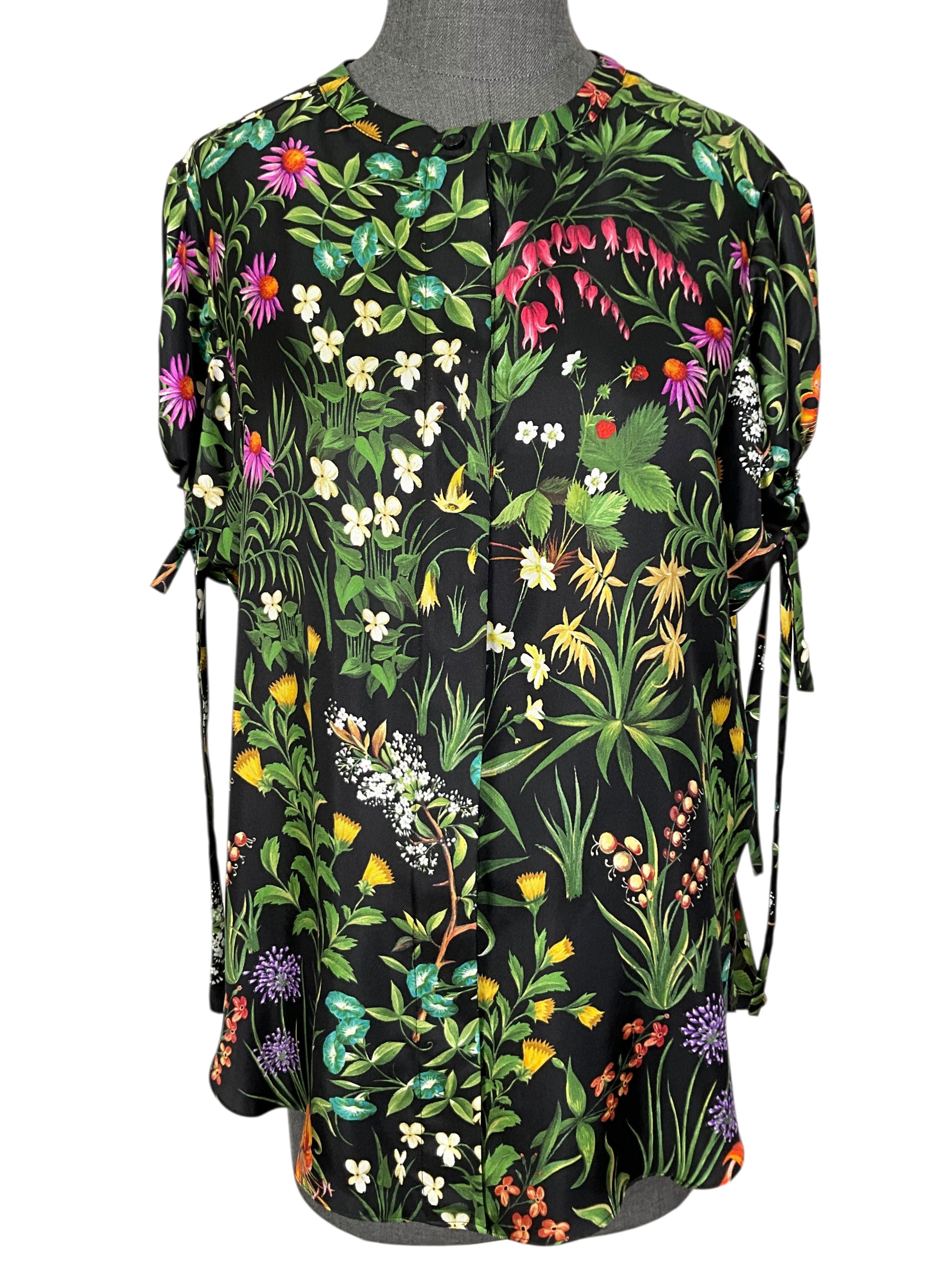 Oscar de la Renta Floral Silk Puff Sleeve Blouse Size S