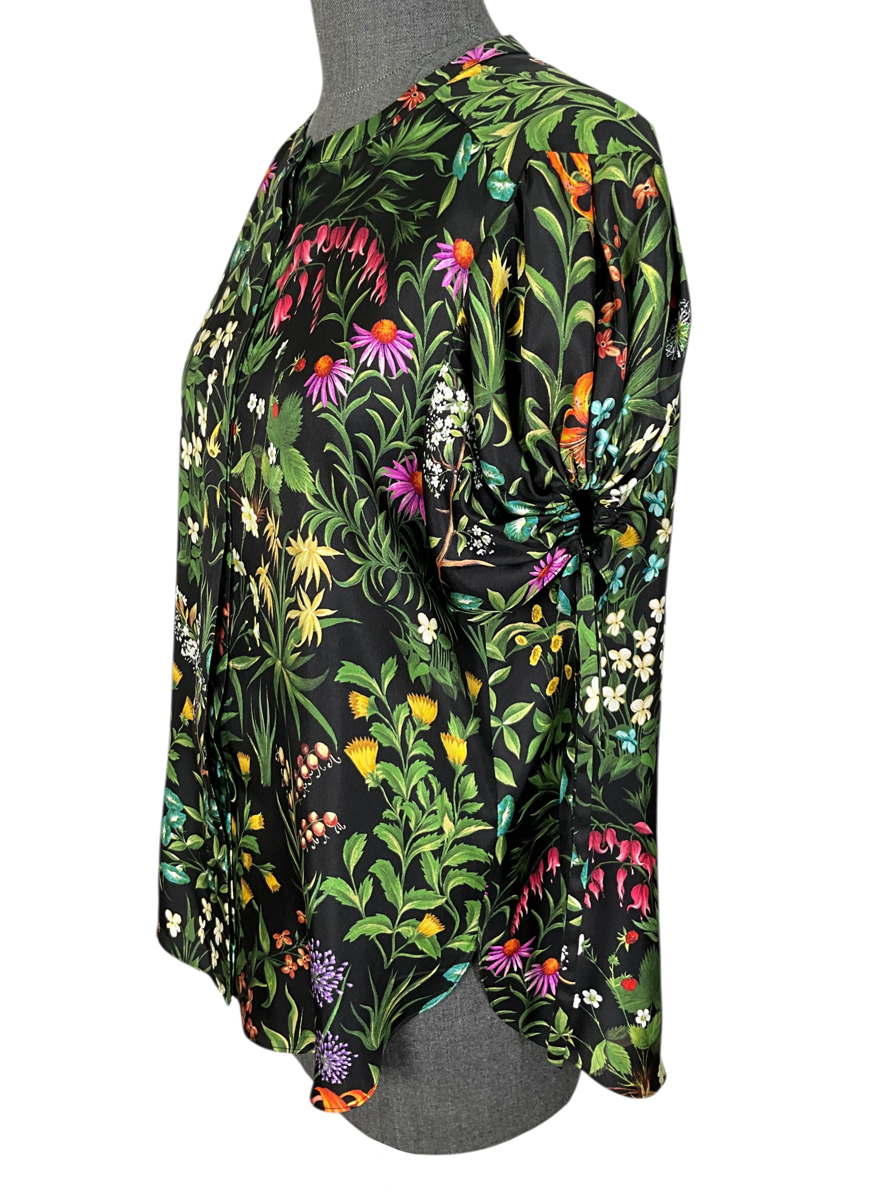 Oscar de la Renta Floral Silk Puff Sleeve Blouse Size S