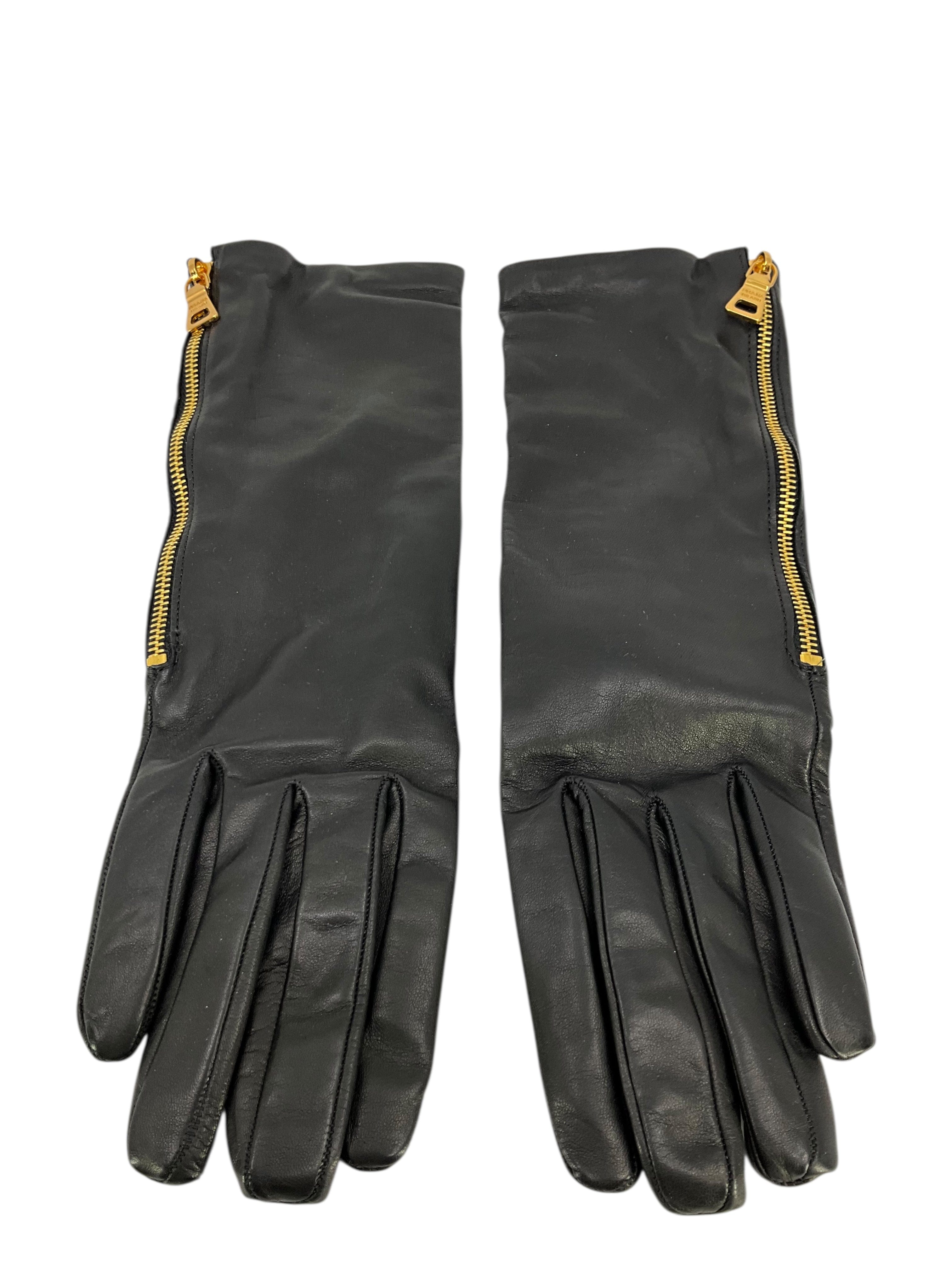 Prada Lambskin Zip Gloves Size 7.5