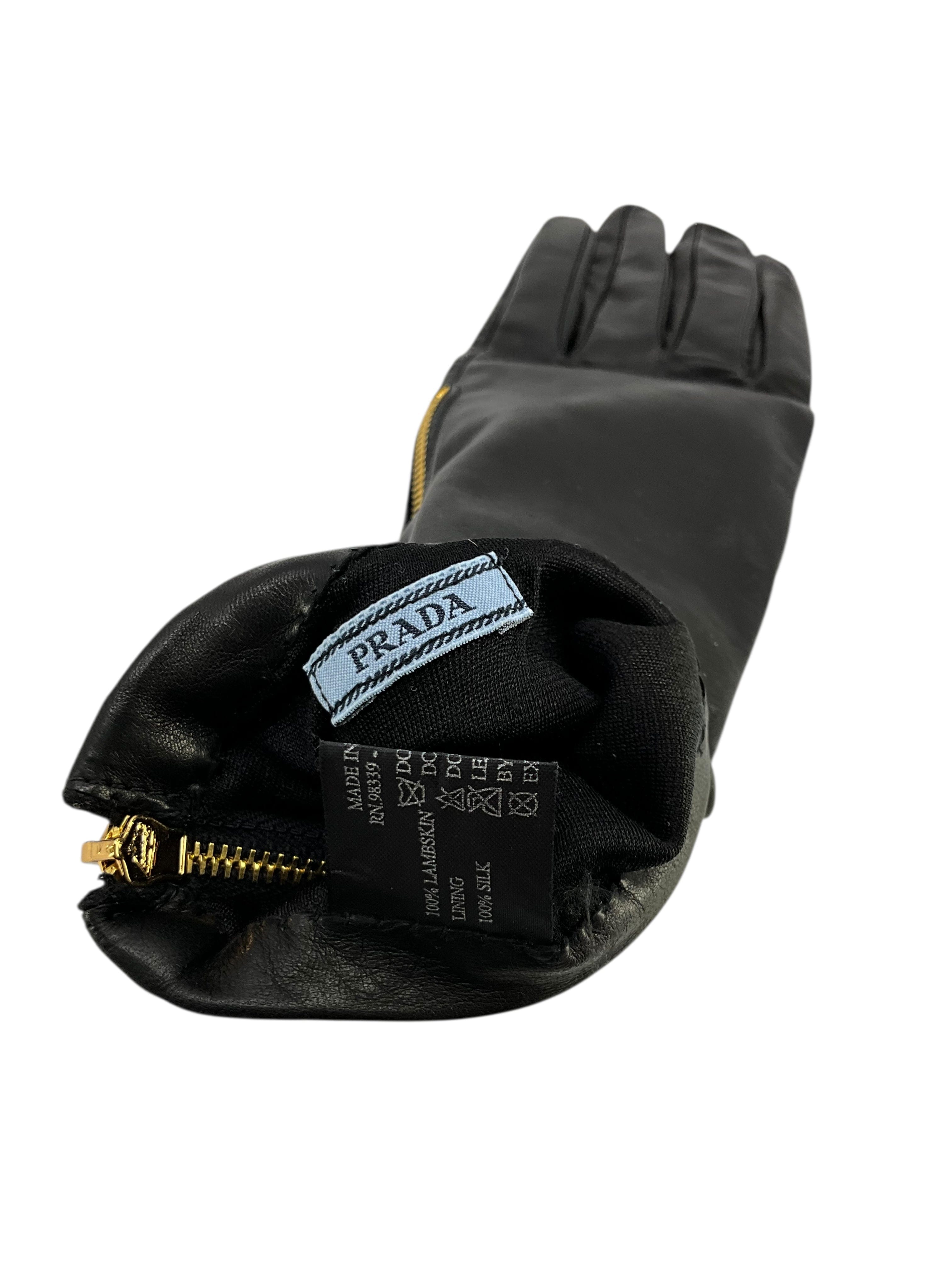 Prada Lambskin Zip Gloves Size 7.5