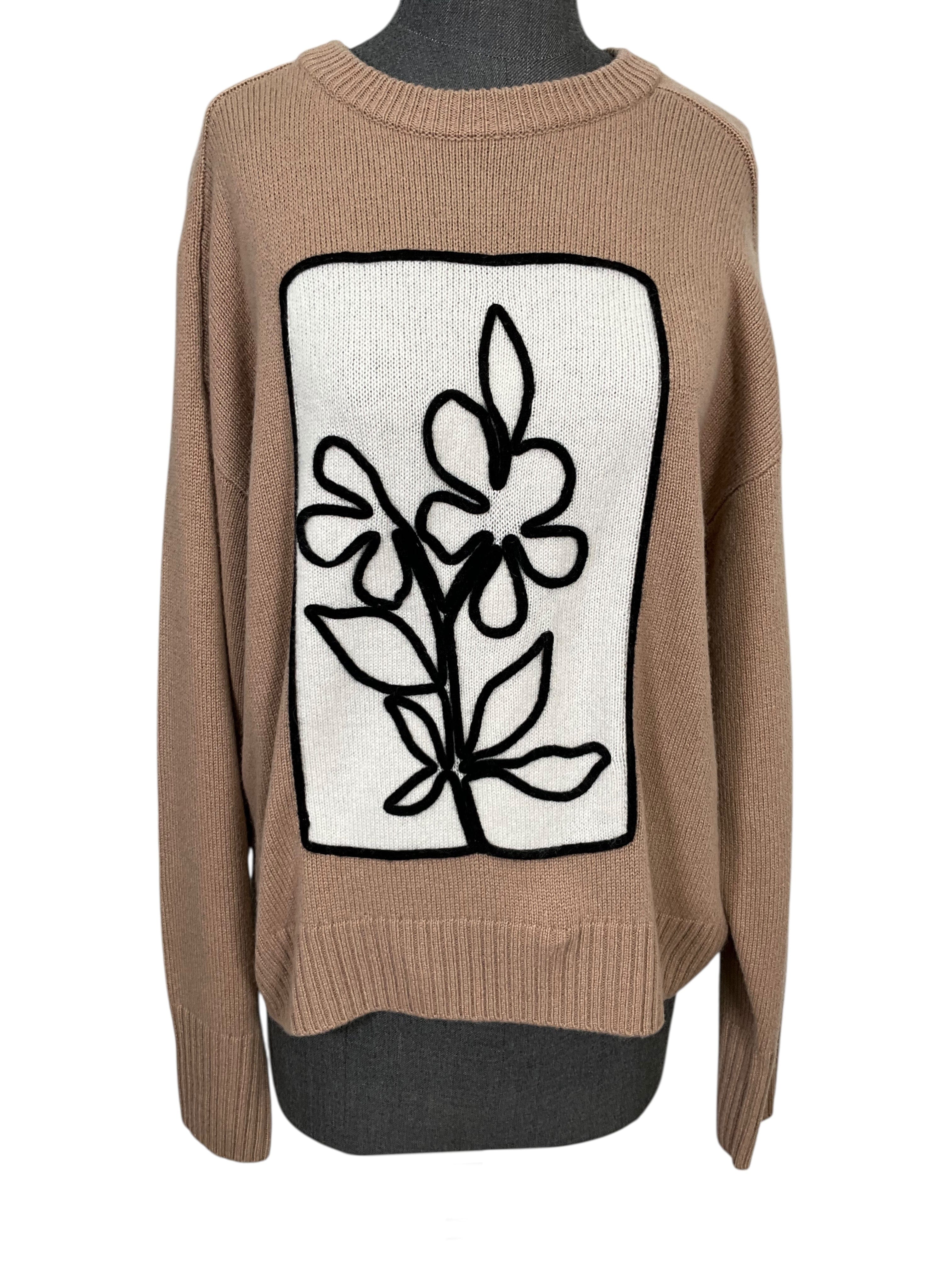 White & Warren Floral Embroidered Cashmere Sweater Size L NEW