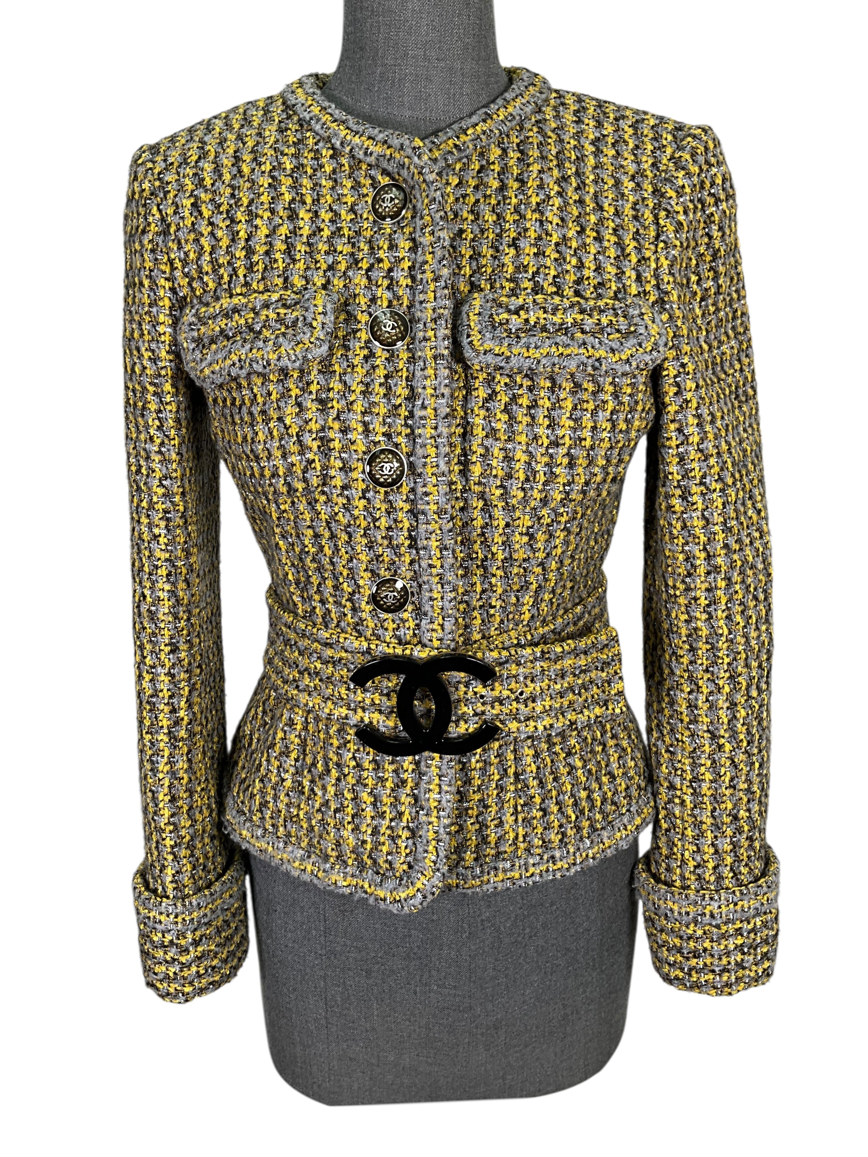CHANEL Lesage Tweed CC Logo Belted Jacket Size S
