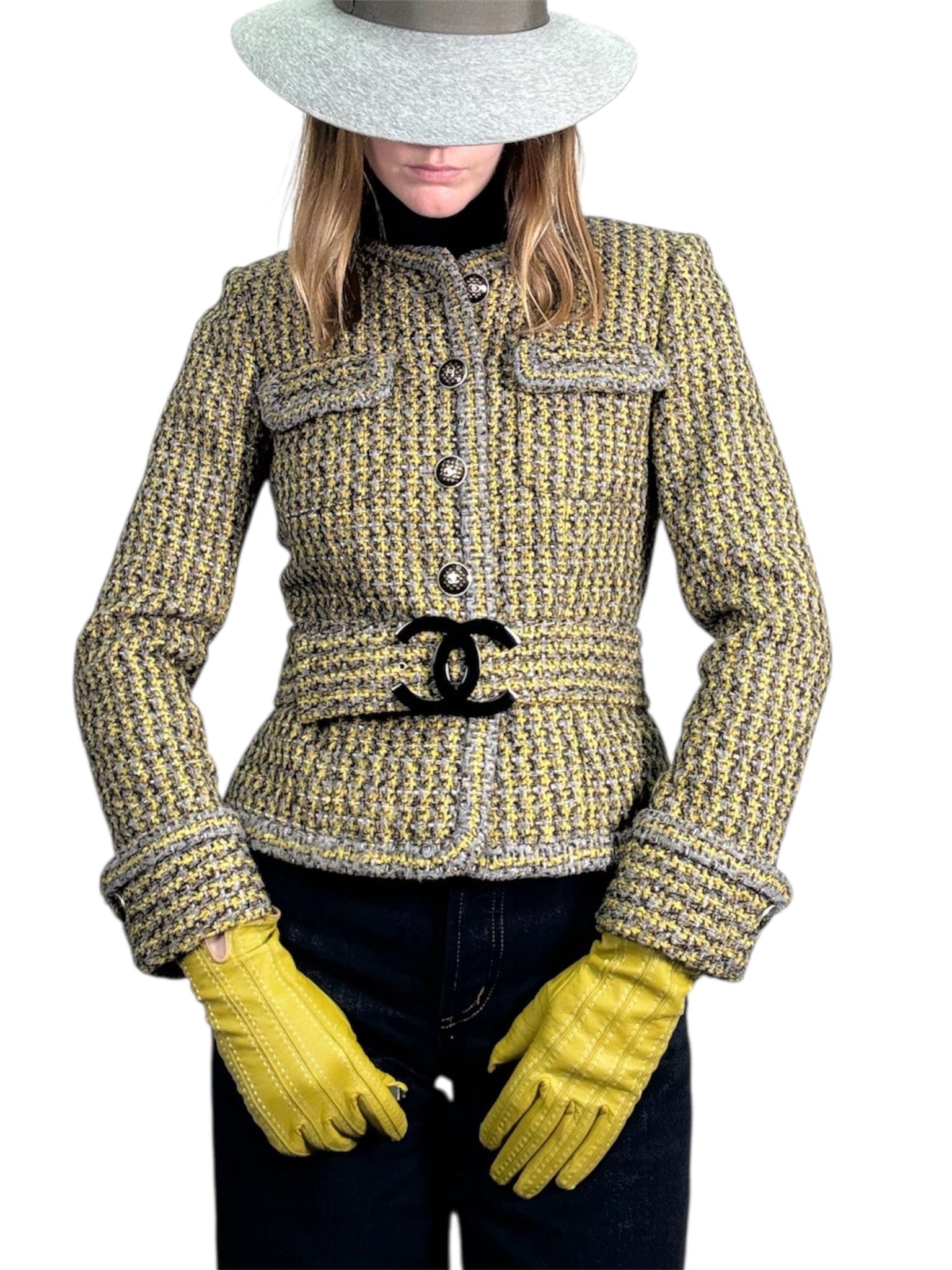 CHANEL Lesage Tweed CC Logo Belted Jacket Size S
