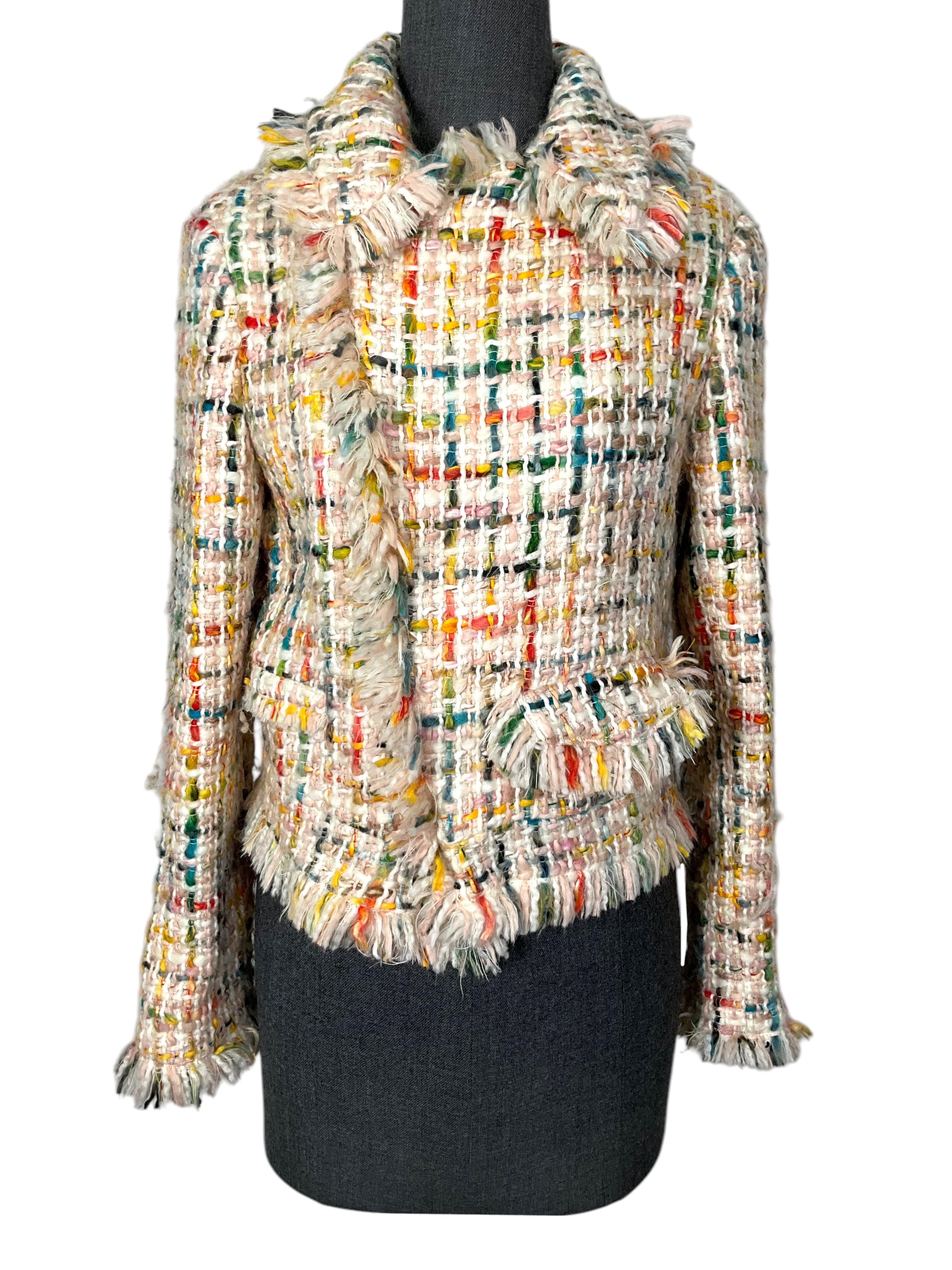 Oscar de la Renta Multicolor Tweed Fringe Cropped Jacket Size 8