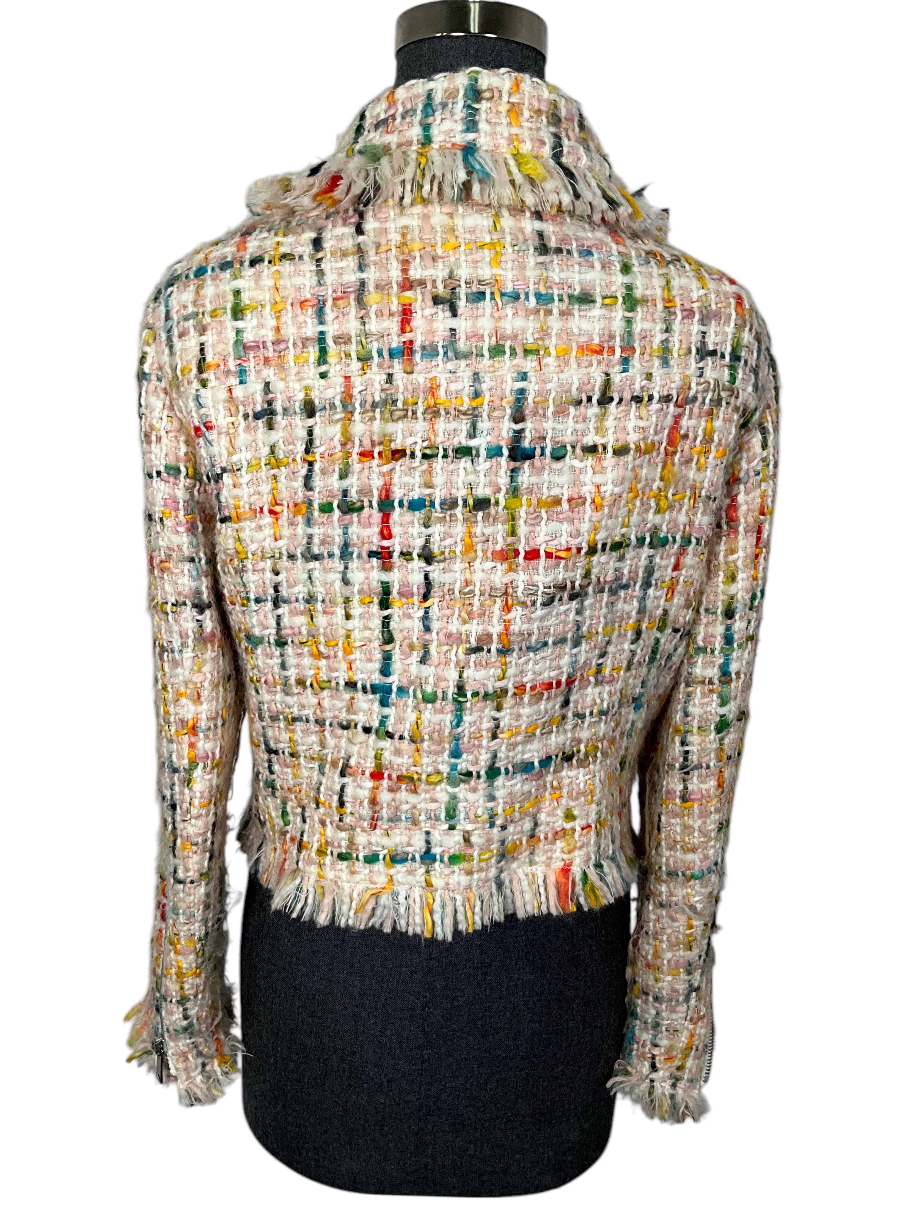 Oscar de la Renta Multicolor Tweed Fringe Cropped Jacket Size 8