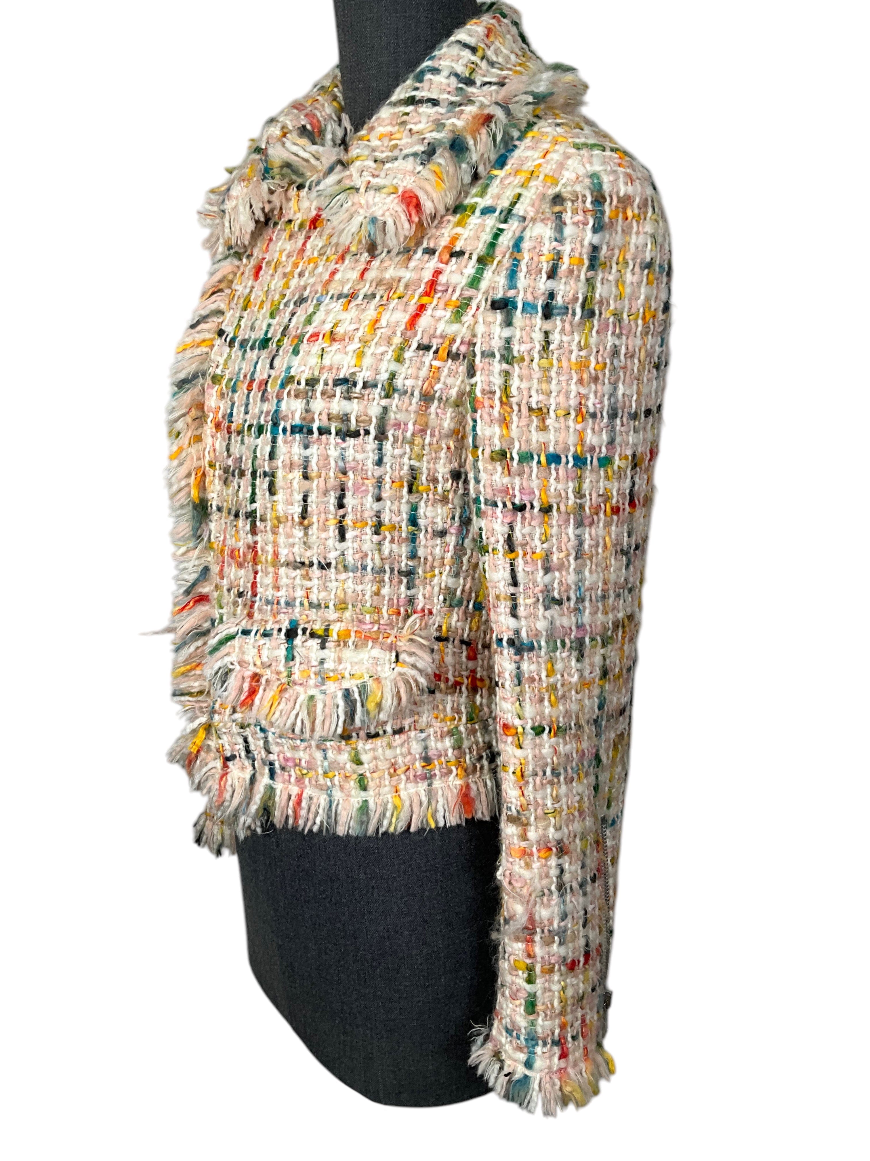 Oscar de la Renta Multicolor Tweed Fringe Cropped Jacket Size 8