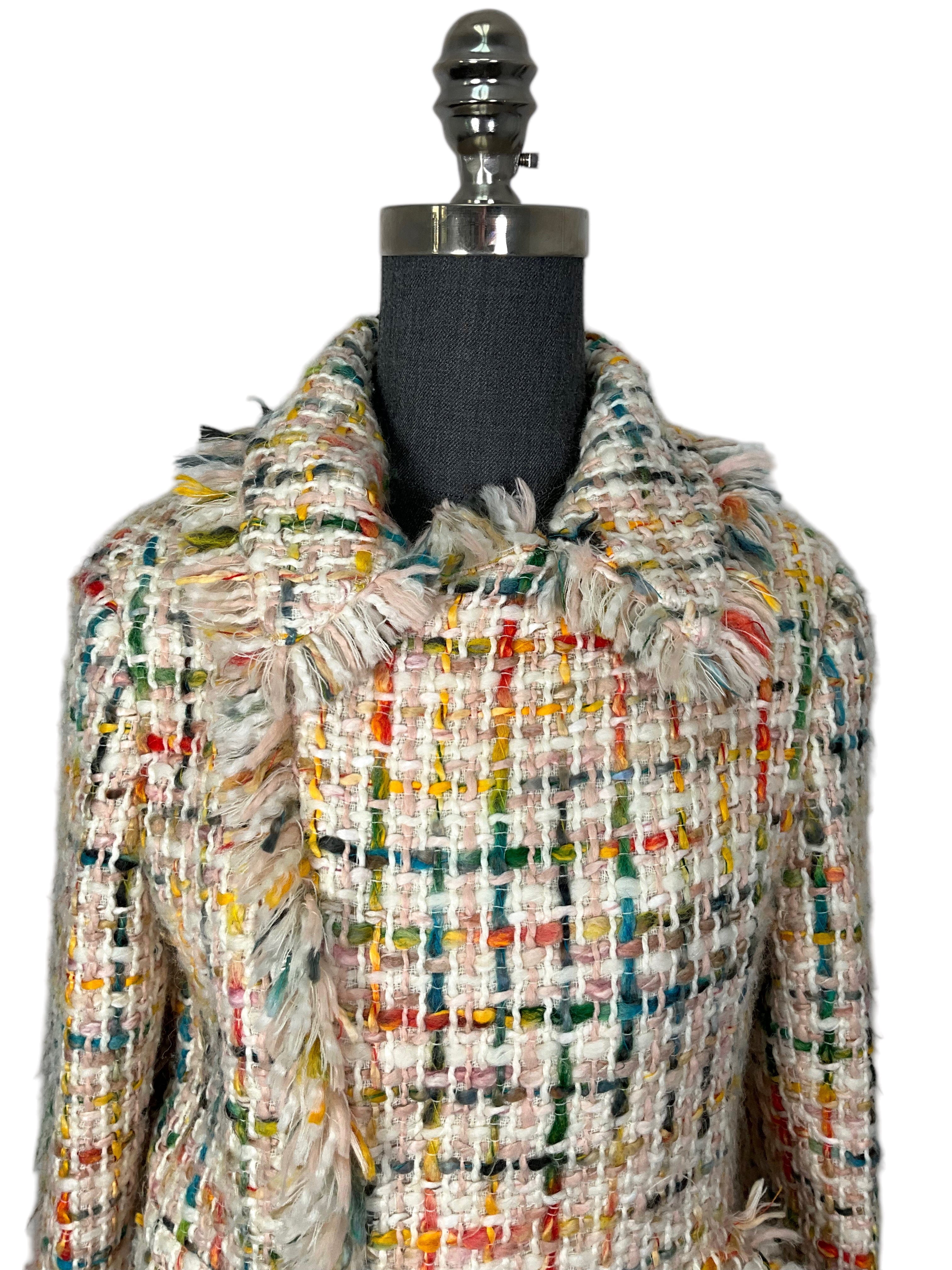 Oscar de la Renta Multicolor Tweed Fringe Cropped Jacket Size 8