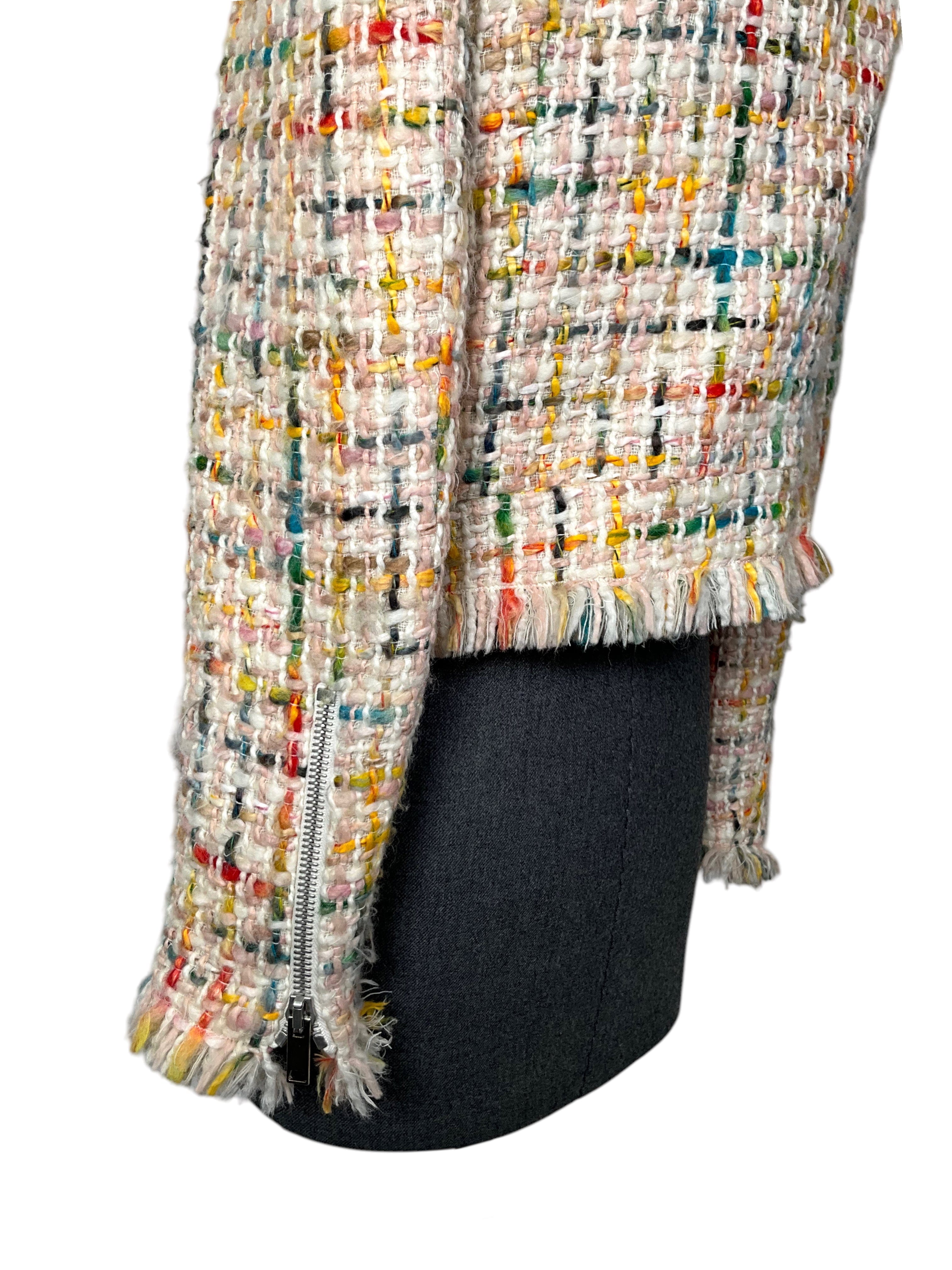 Oscar de la Renta Multicolor Tweed Fringe Cropped Jacket Size 8