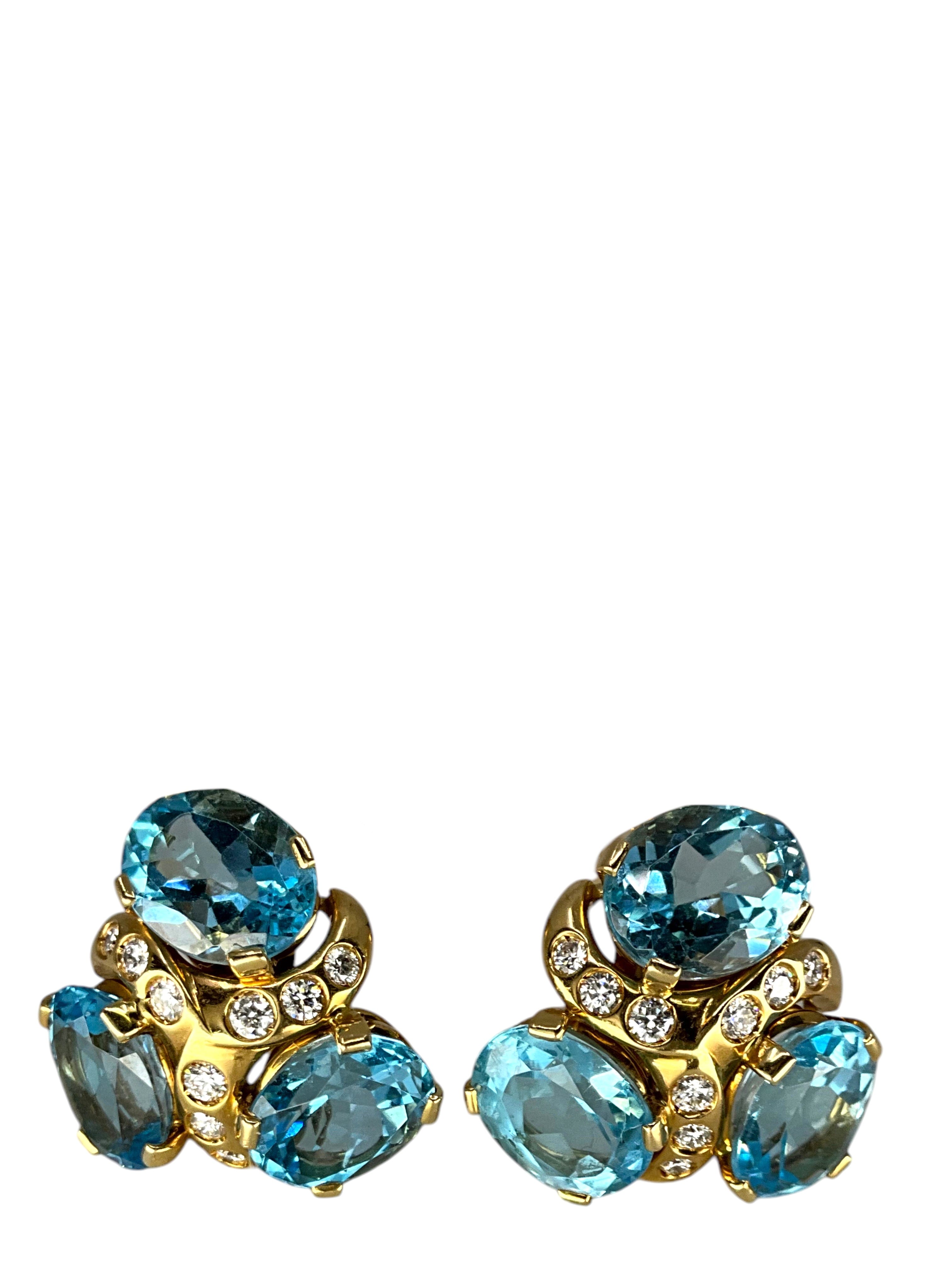 Verdura Three Stone Blue Topaz Diamond Earclips Earrings NEW