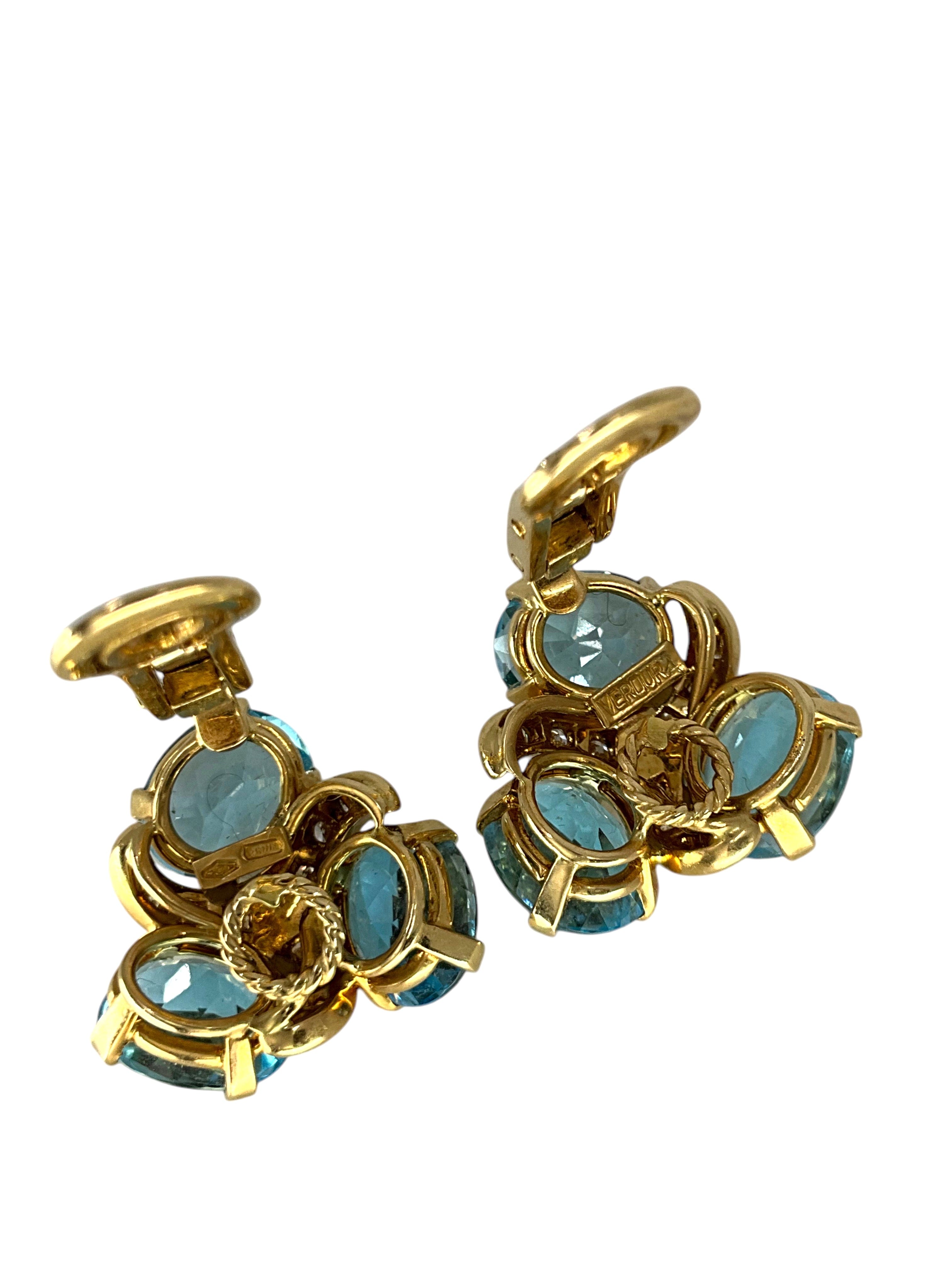 Verdura Three Stone Blue Topaz Diamond Earclips Earrings NEW