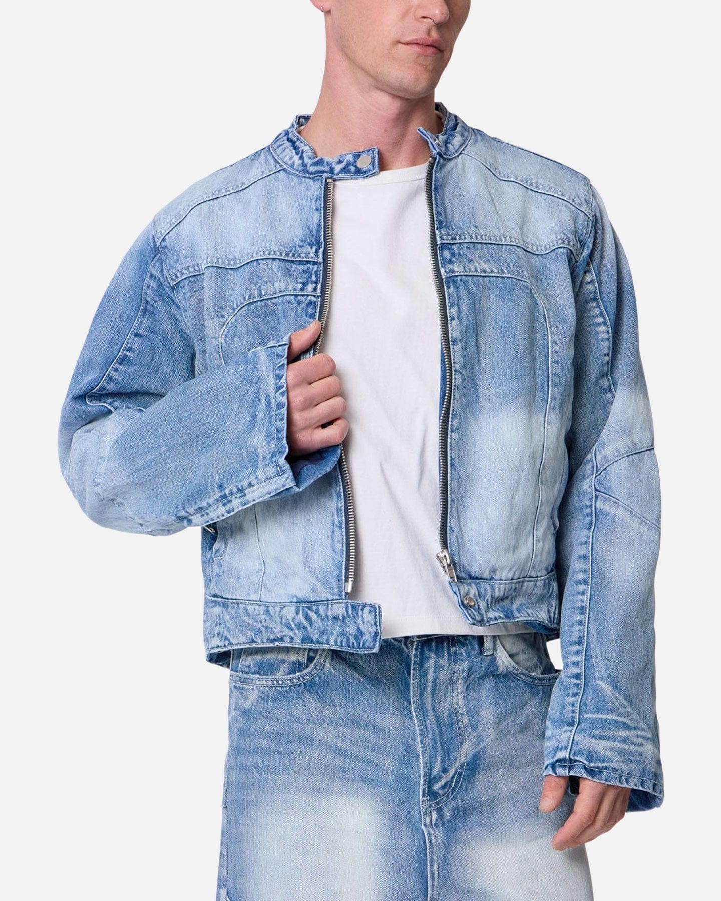 MNML Panelled Moto Denim Jacket Washed Blue