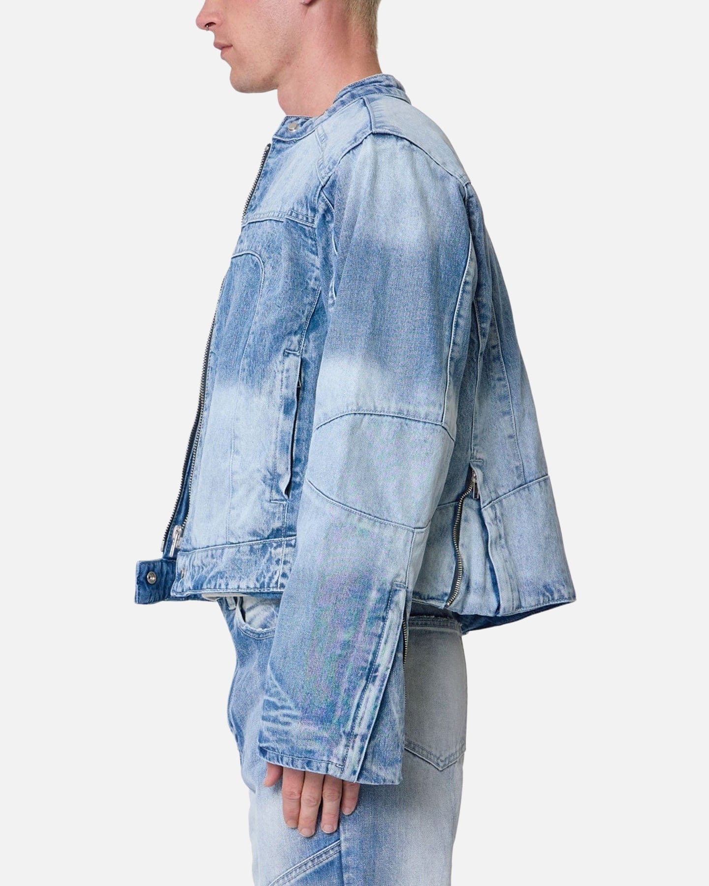 MNML Panelled Moto Denim Jacket Washed Blue