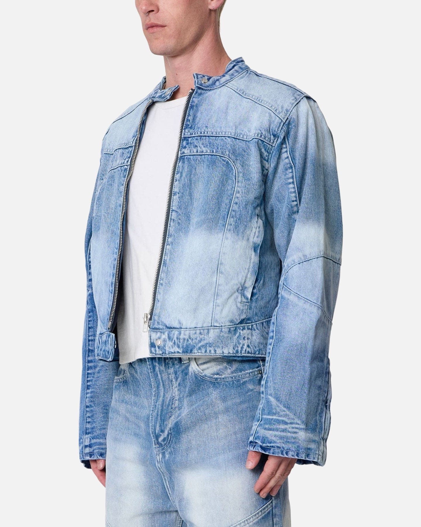 MNML Panelled Moto Denim Jacket Washed Blue