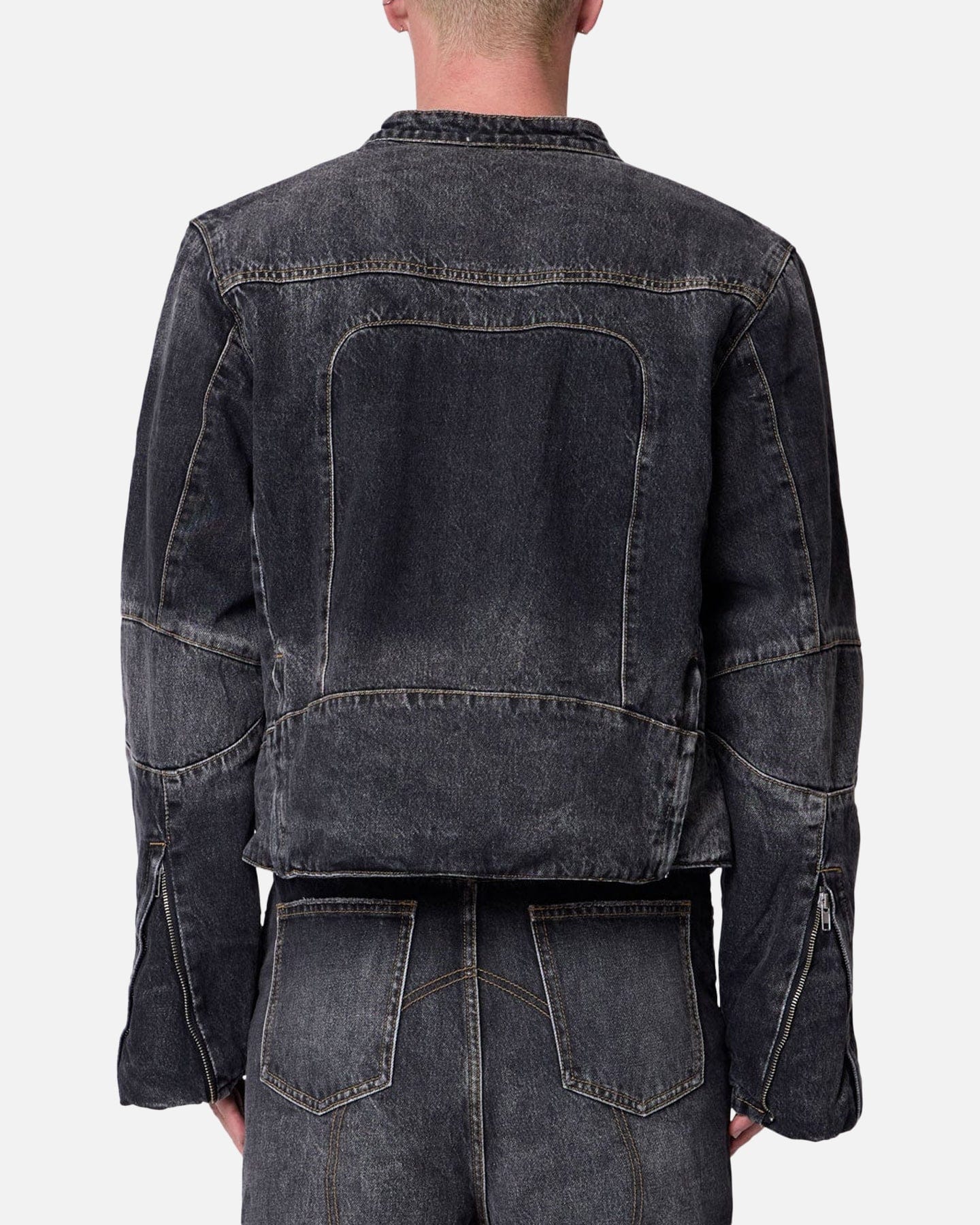 MNML Panelled Moto Denim Jacket Washed Black
