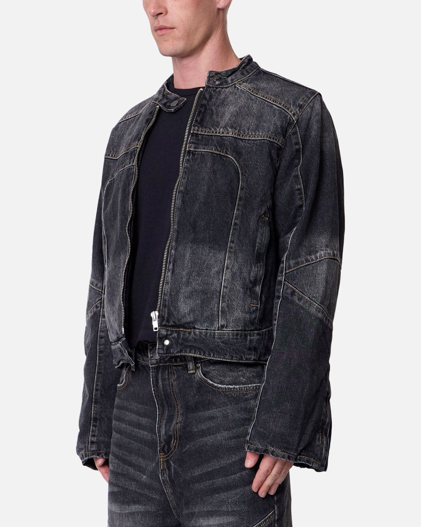 MNML Panelled Moto Denim Jacket Washed Black