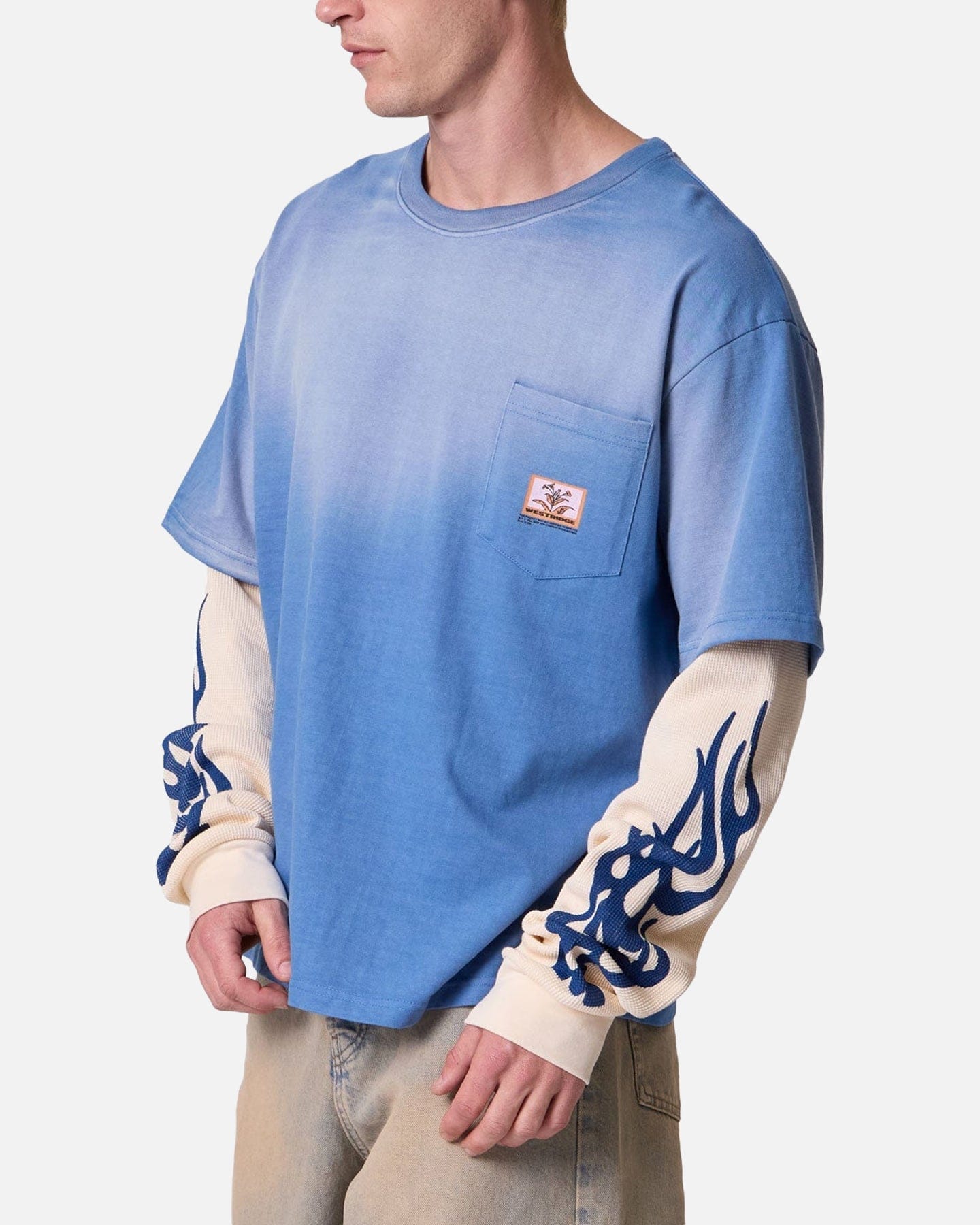 MNML Layered Flame Pocket Long Sleeve T-Shirt Washed Blue