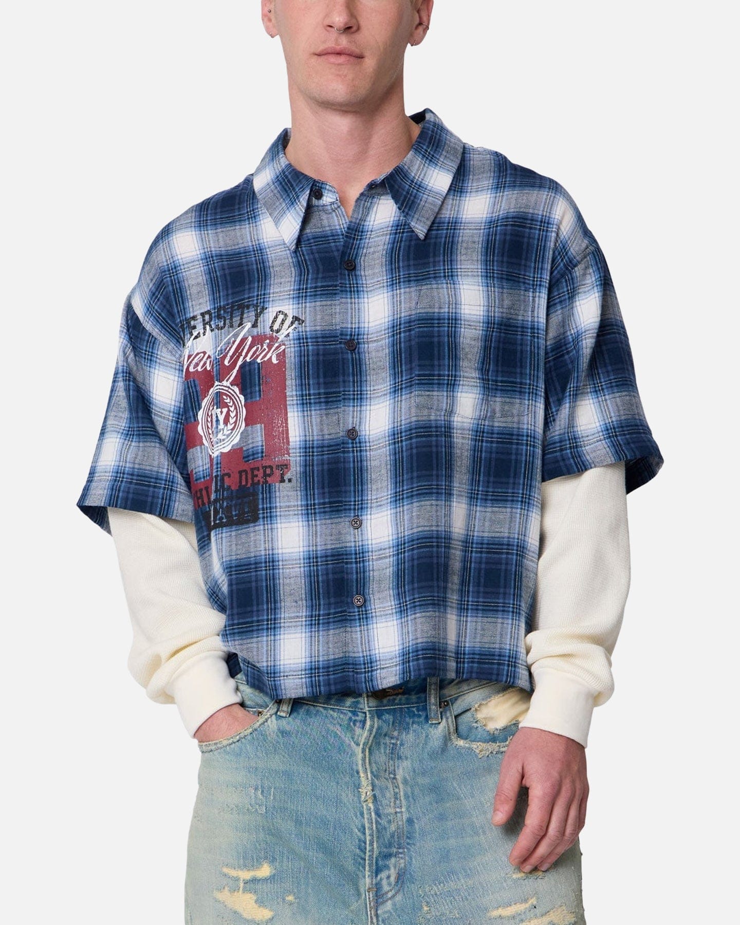 MNML Layered Thermal Button Up Long Sleeve Shirt Blue