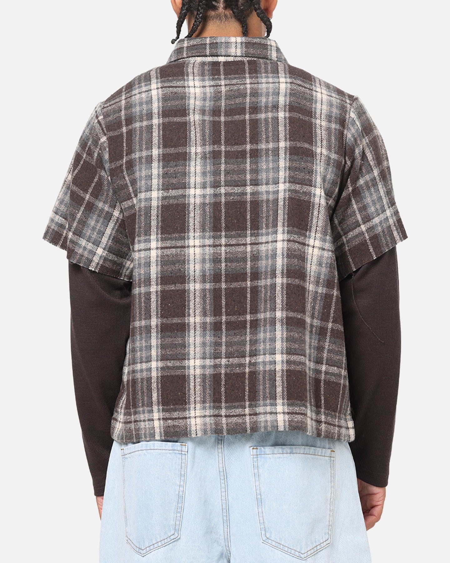 Saint Morta Plaid Layered Long Sleeve Button Up Shirt Brown
