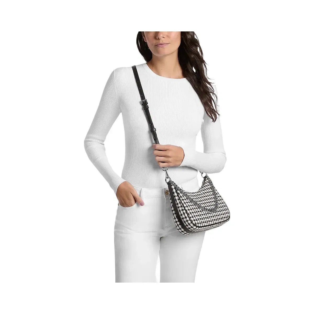 Michael Kors Jet Set Travel Houndstooth Woven Convertible Pochette Black/Light Cream