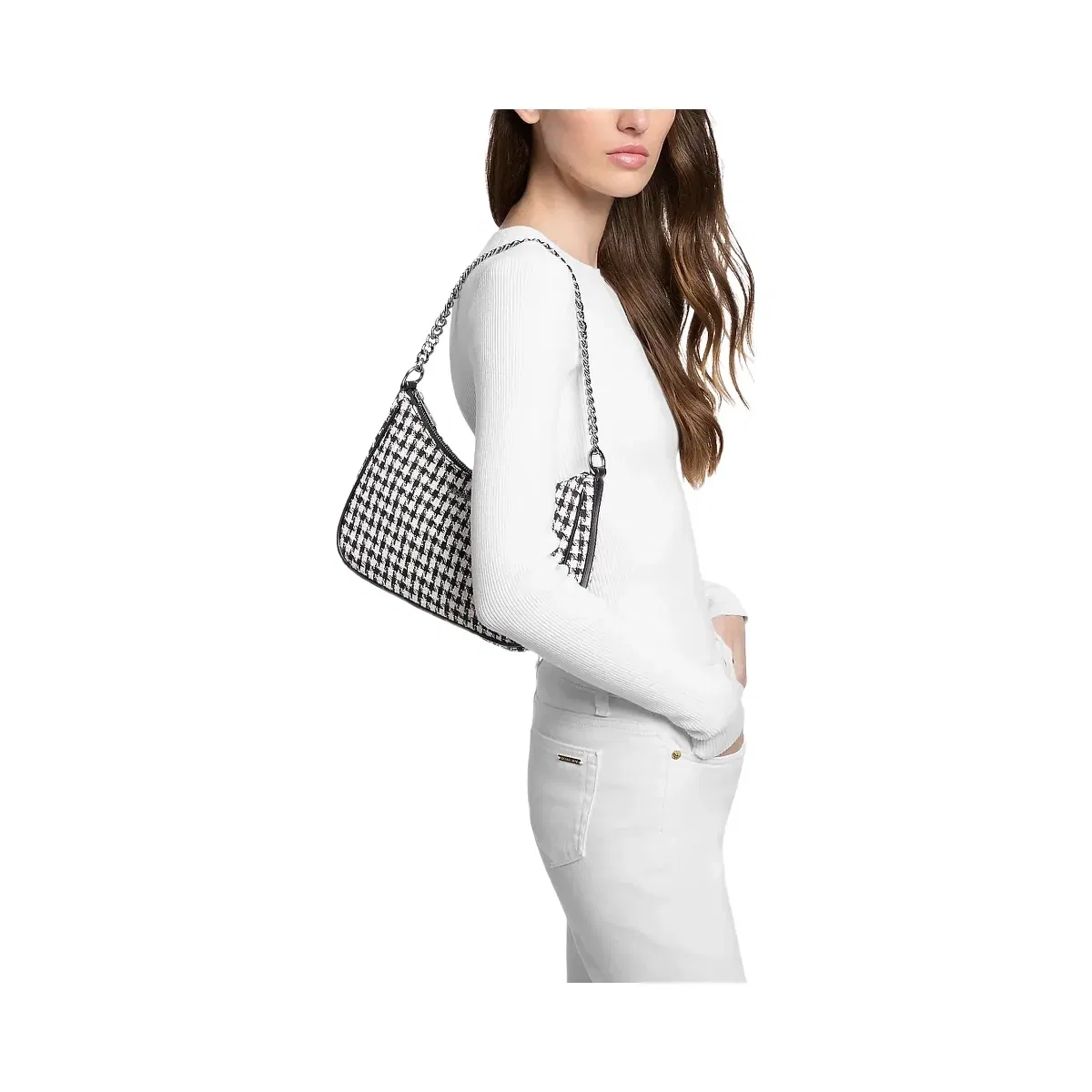 Michael Kors Jet Set Travel Houndstooth Woven Convertible Pochette Black/Light Cream