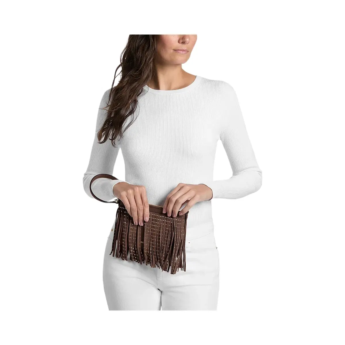 Michael Kors Studded Fringed Polyester Microsuede Wristlet Nutmeg