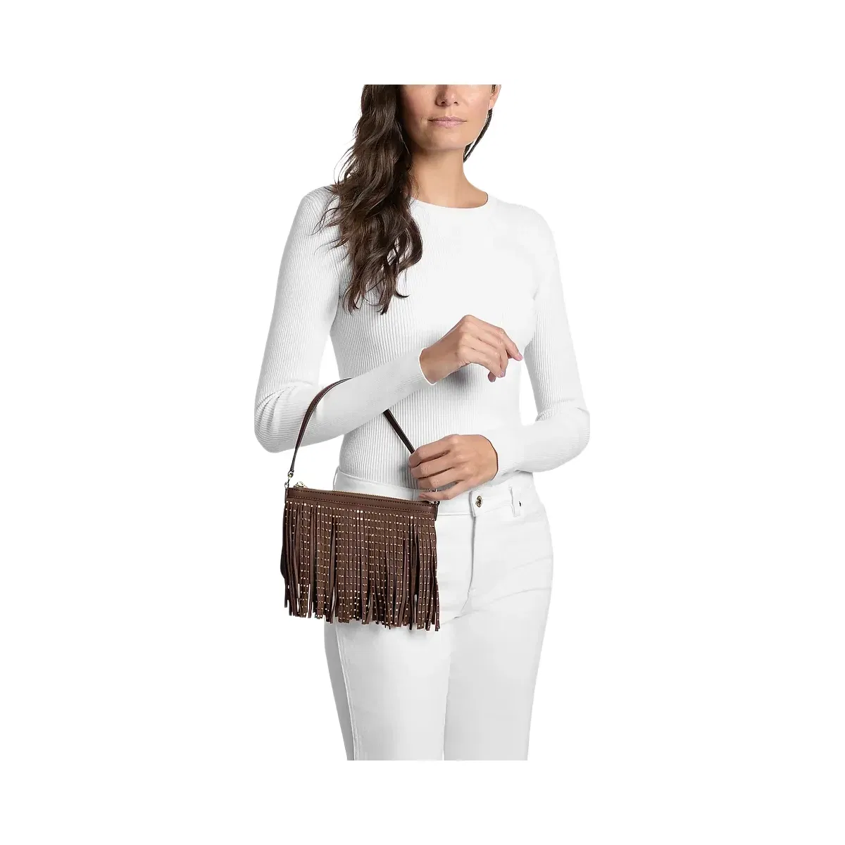 Michael Kors Studded Fringed Polyester Microsuede Wristlet Nutmeg