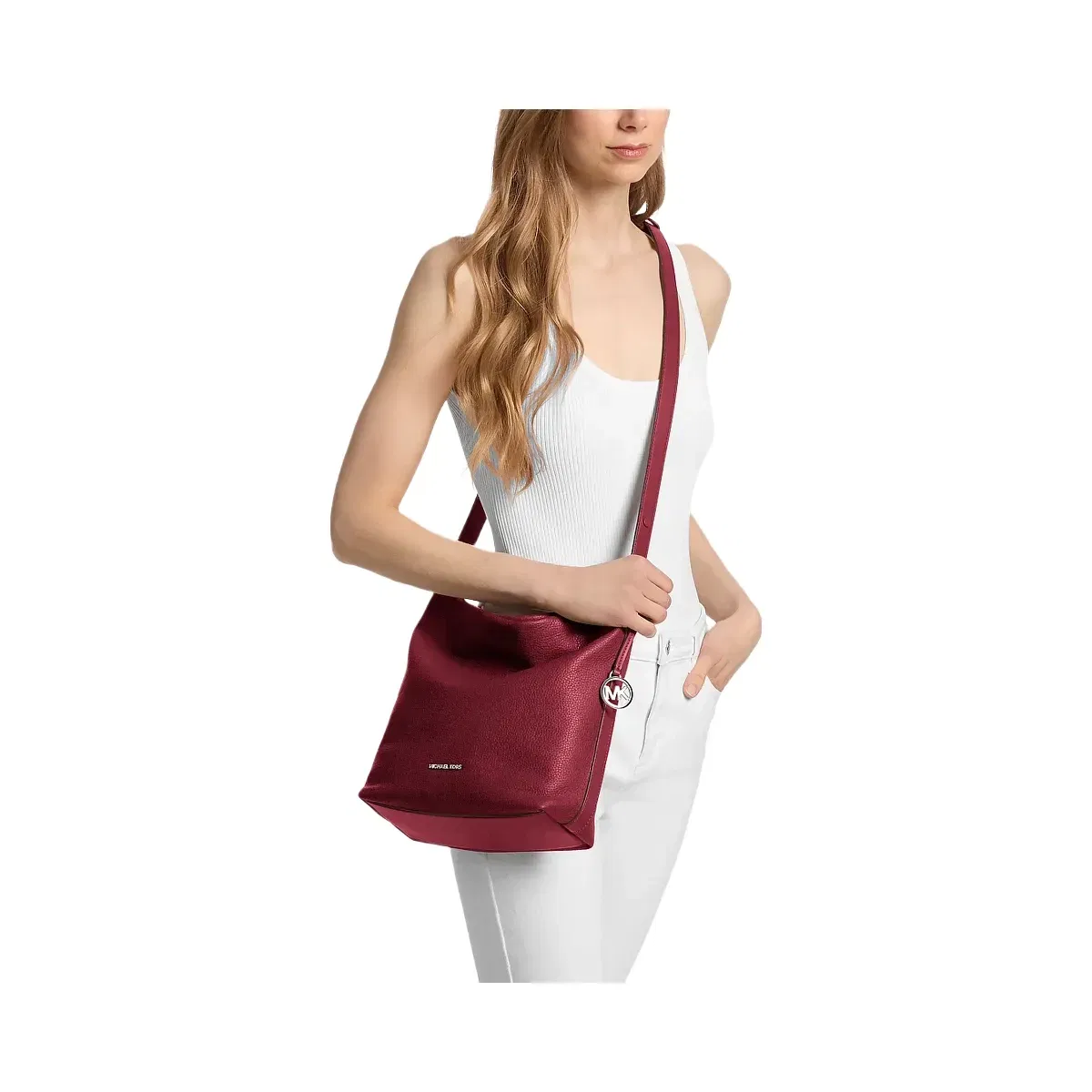 Michael Kors Roey Medium Pebbled Leather Bucket Messenger Bag Maroon