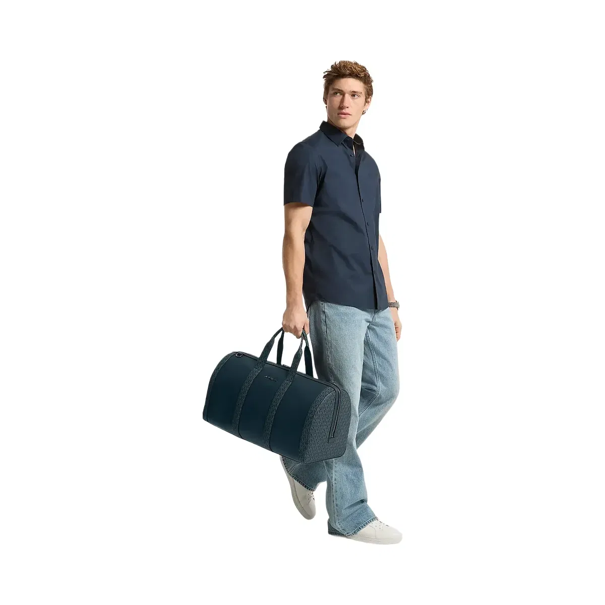 Michael Kors Cooper Pebbled Leather and Signature Logo Duffel Bag Navy