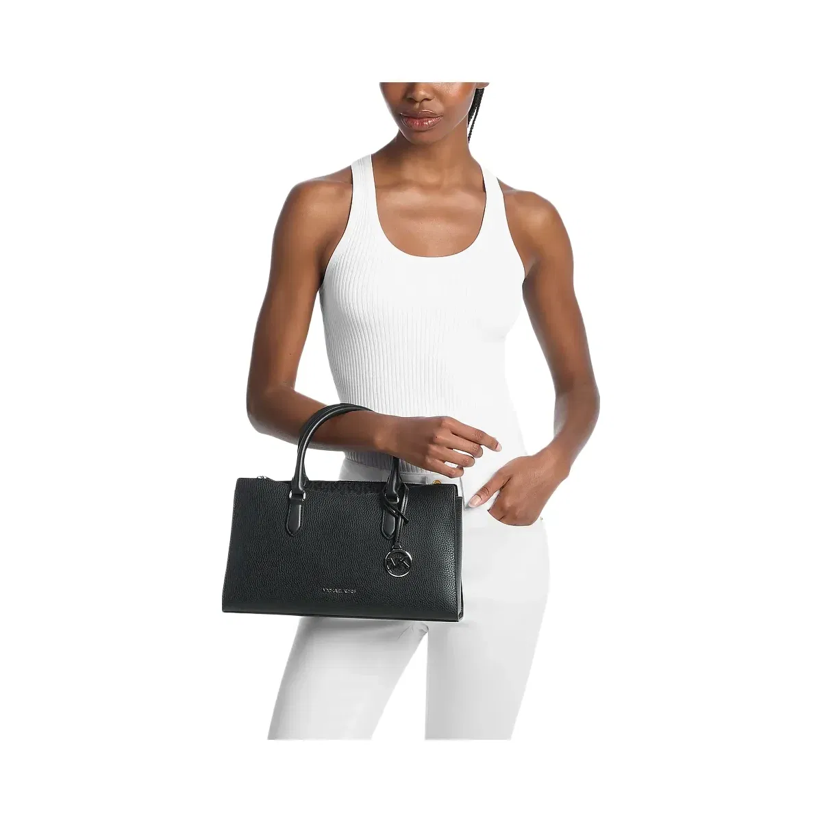 Michael Kors Arden Medium Pebbled Leather and Signature Logo Top-Zip Satchel Black
