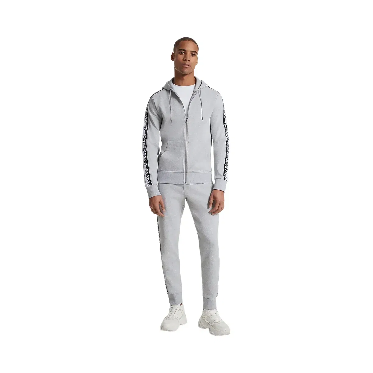 Michael Kors Logo Tape Cotton Blend Zip-Up Hoodie Heather Grey