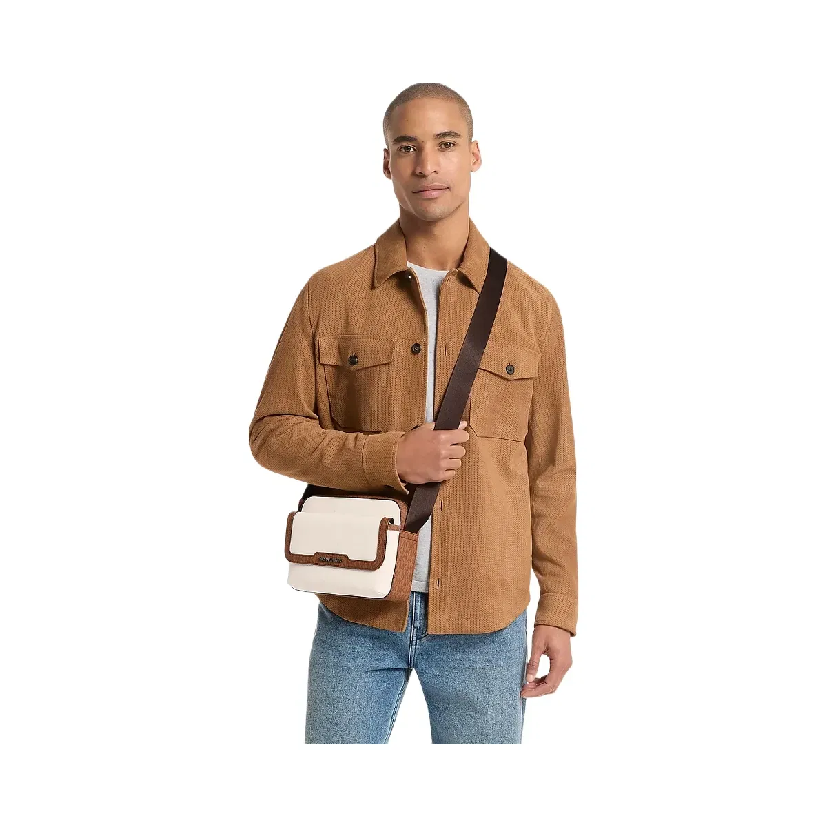 Michael Kors Cooper Medium Pebbled Leather and Signature Logo Camera Crossbody Bag Lt Crm/Lugg