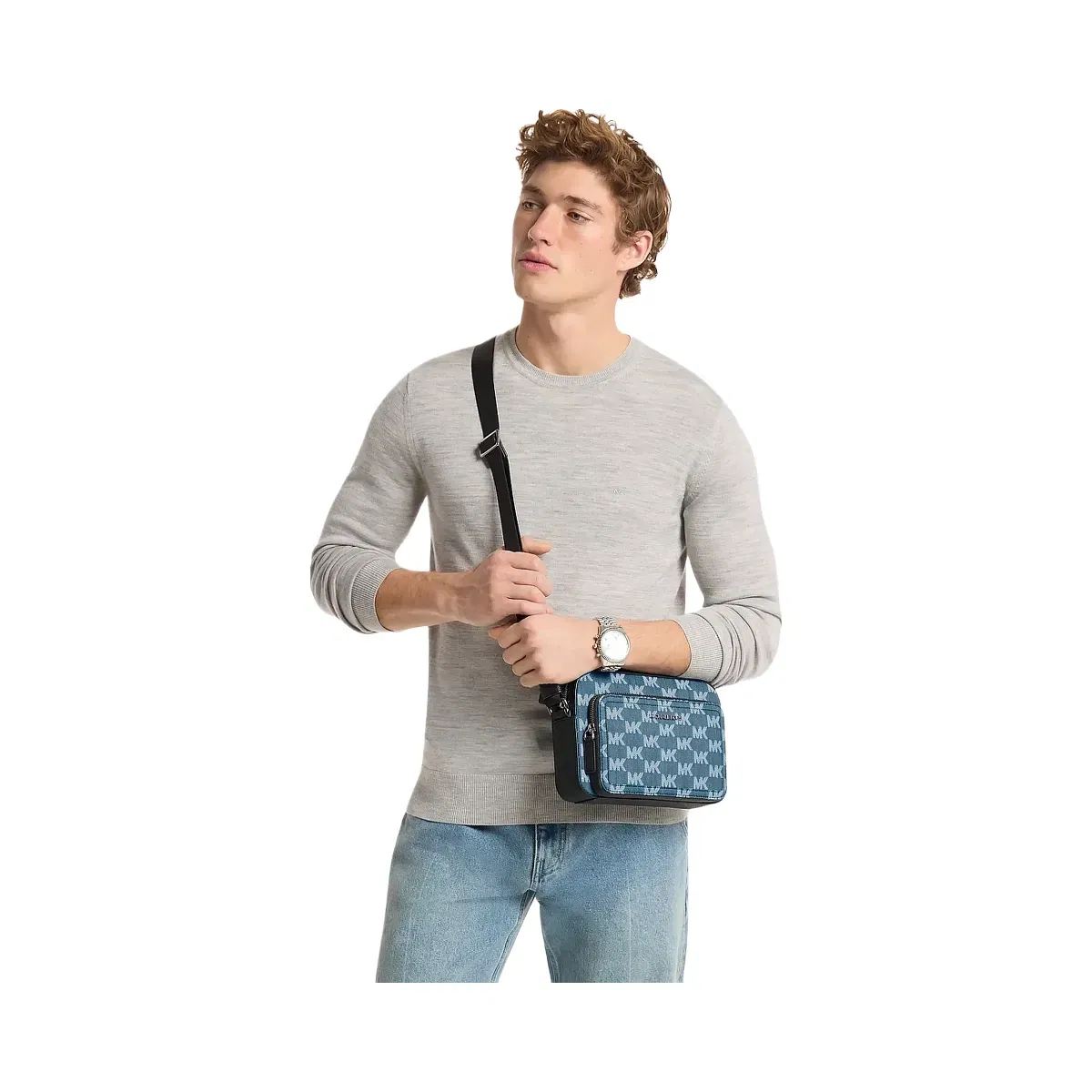 Michael Kors Cooper Logo Jacquard Denim Flight Bag Medium Blue Wash