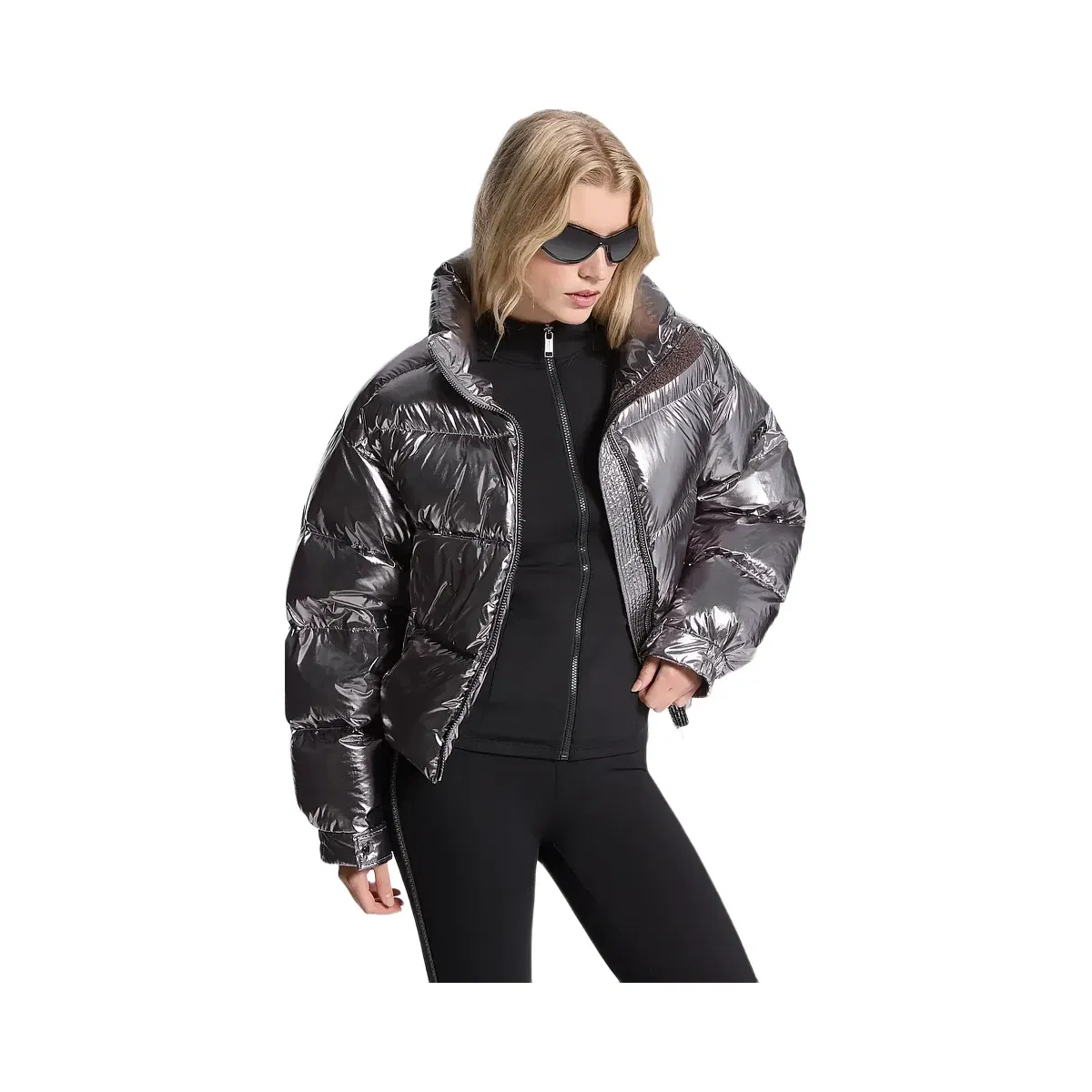 Michael Kors Metallic Nylon Ciré Puffer Jacket Gunmetal
