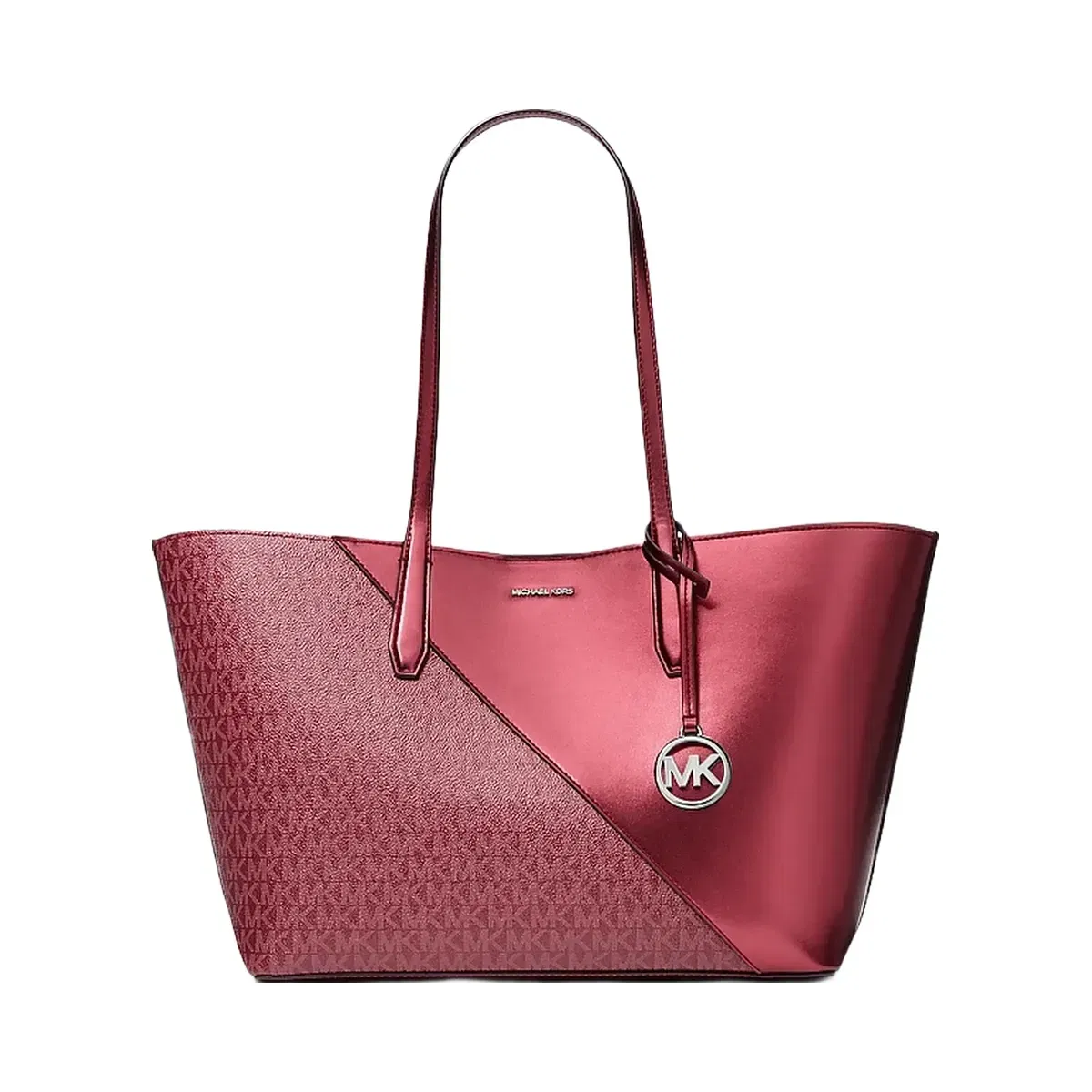 Michael Kors Avalon Medium Metallic and Signature Logo Tote Bag Maroon