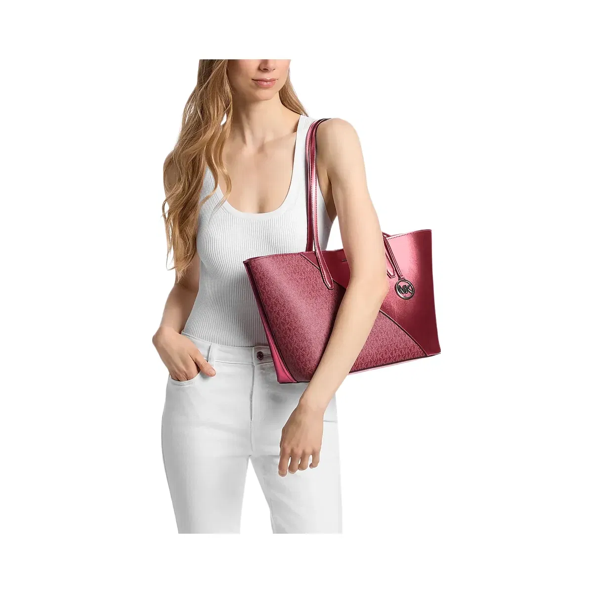 Michael Kors Avalon Medium Metallic and Signature Logo Tote Bag Maroon