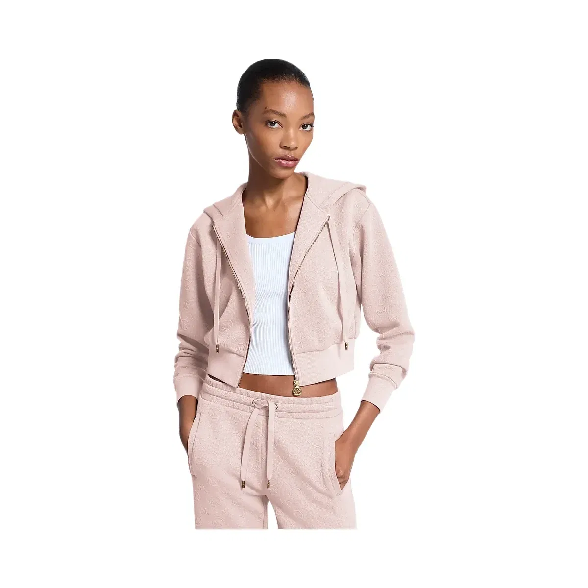 Michael Kors Logo Jacquard Charm Jacquard Cropped Zip-Up Hoodie Powder Blush