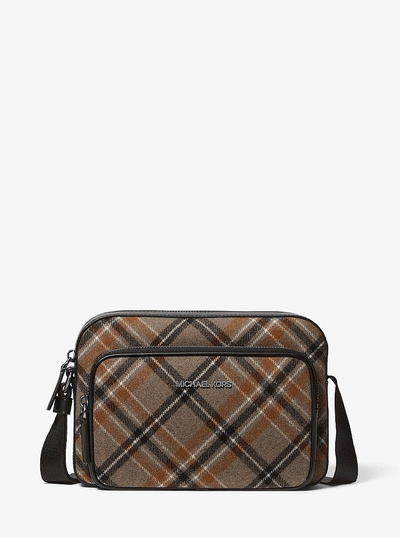 Michael Kors Cooper Plaid Wool Blend Flight Bag Mushroom