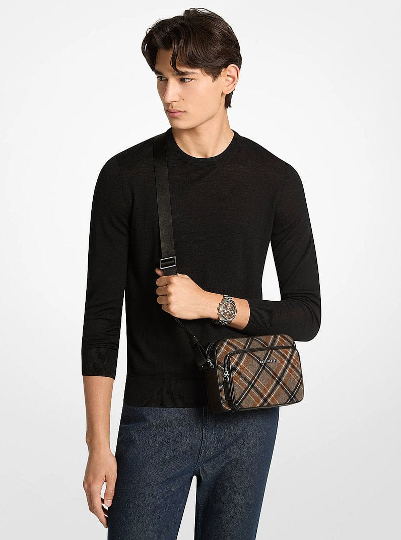 Michael Kors Cooper Plaid Wool Blend Flight Bag Mushroom