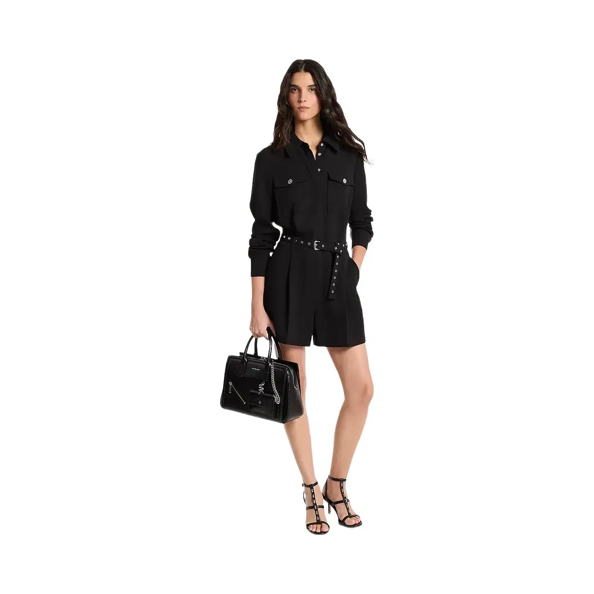 Michael Kors Belted Crepe Romper Black